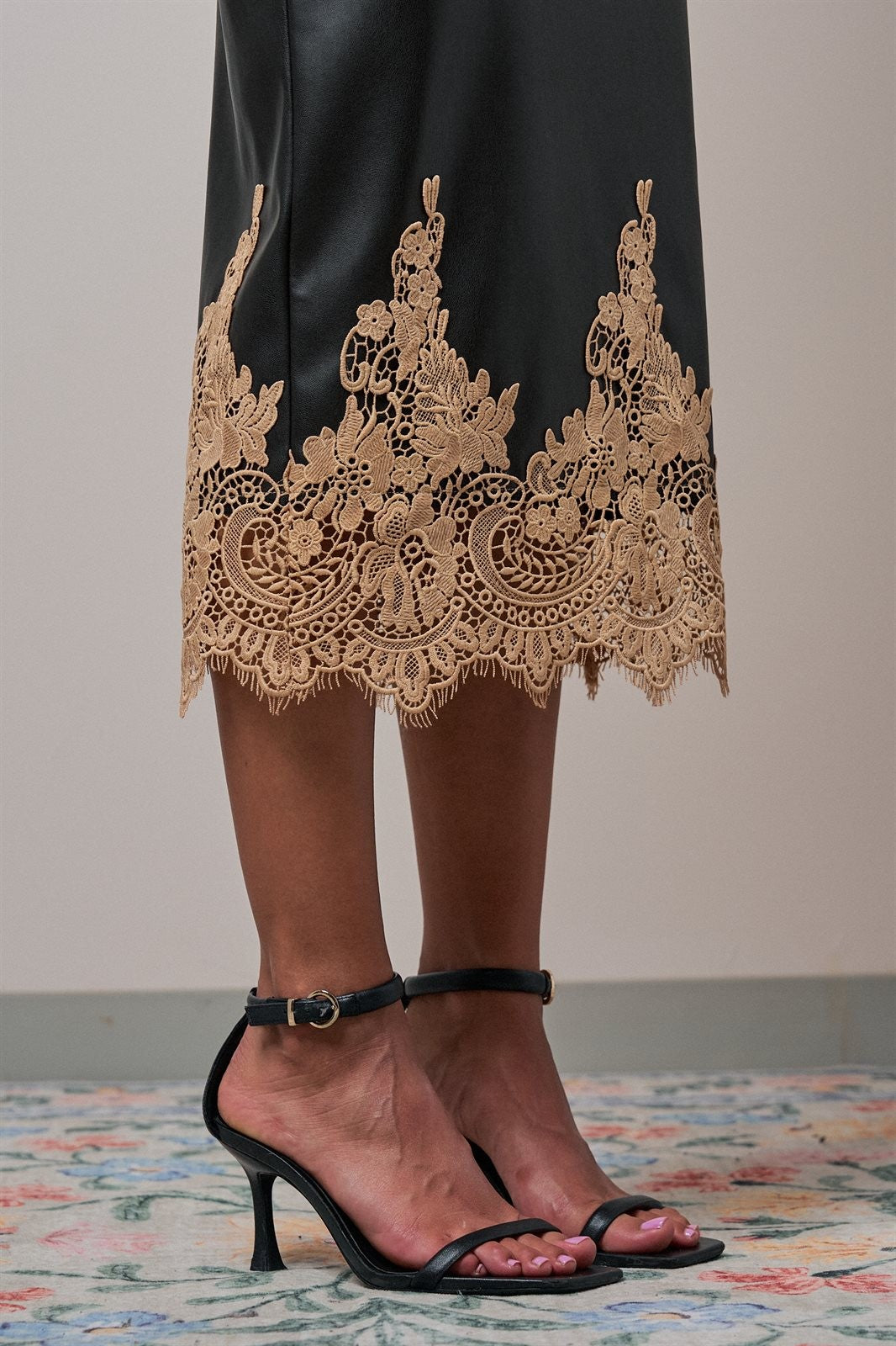 Faux Leather Lace Trim Midi Pencil Skirt in BLACK - Women's Midi Skirts | Urban Daizy
