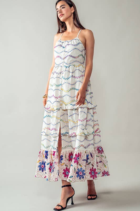 Urban Daizy Ruffle Tiered Embroidered Split Midi Dress White-Multi Dress - Women's (UDZ-DR-00262) – alternate view 5