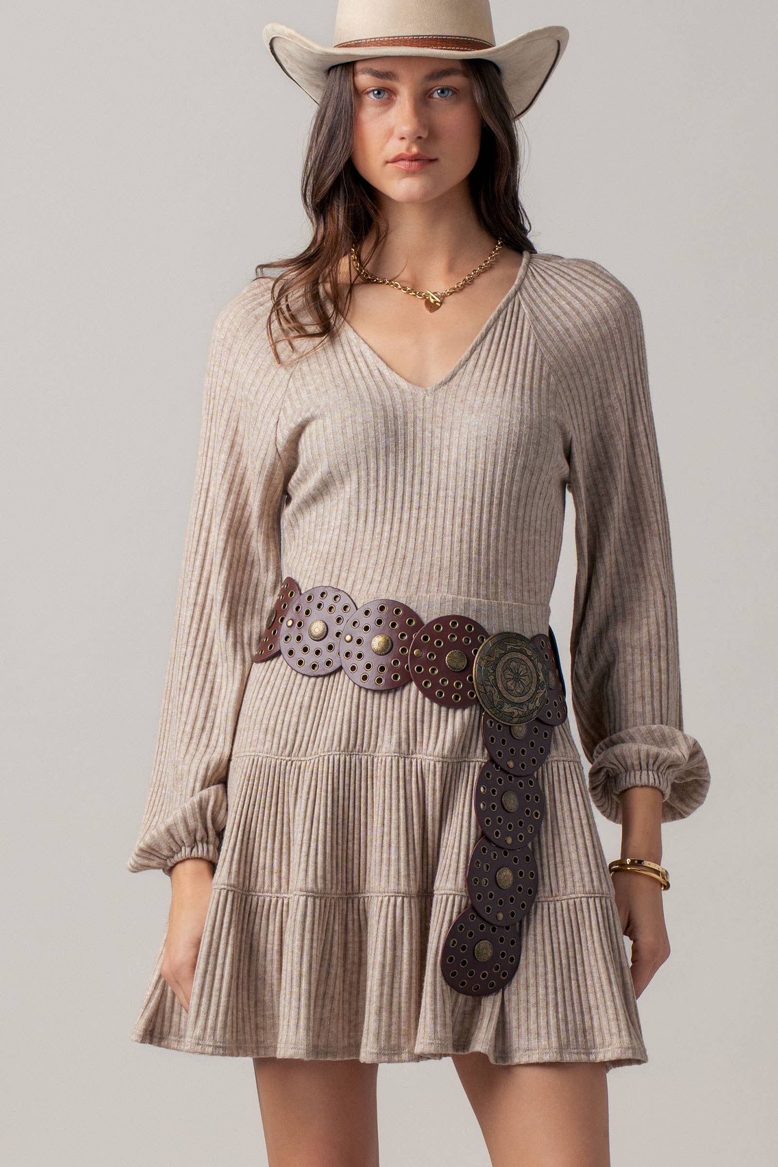 Cashmere Ribbed V-Neck Tiered Mini Dress