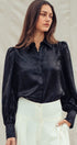 Metallic Shimmer Button Down Blouse with Puff Sleeves in BLACK - Women's Shirts & Blouses | Urban Daizy