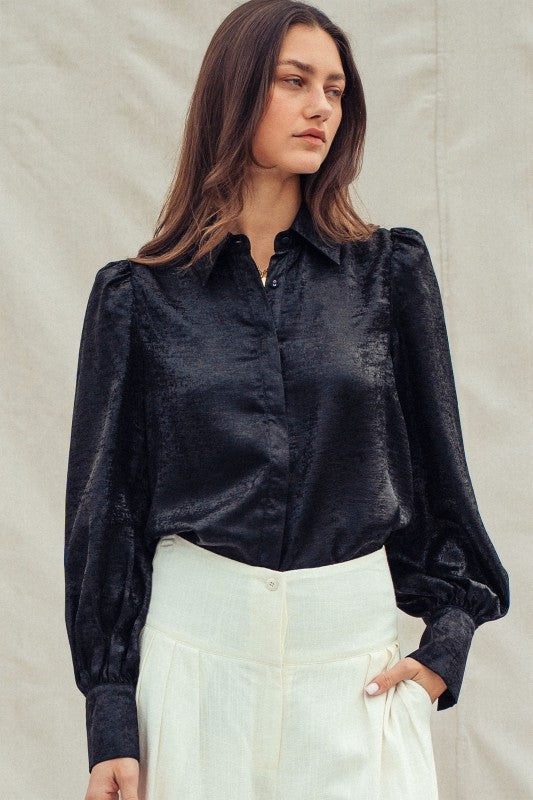 Metallic Shimmer Button Down Blouse with Puff Sleeves in BLACK - Women's Shirts & Blouses | Urban Daizy