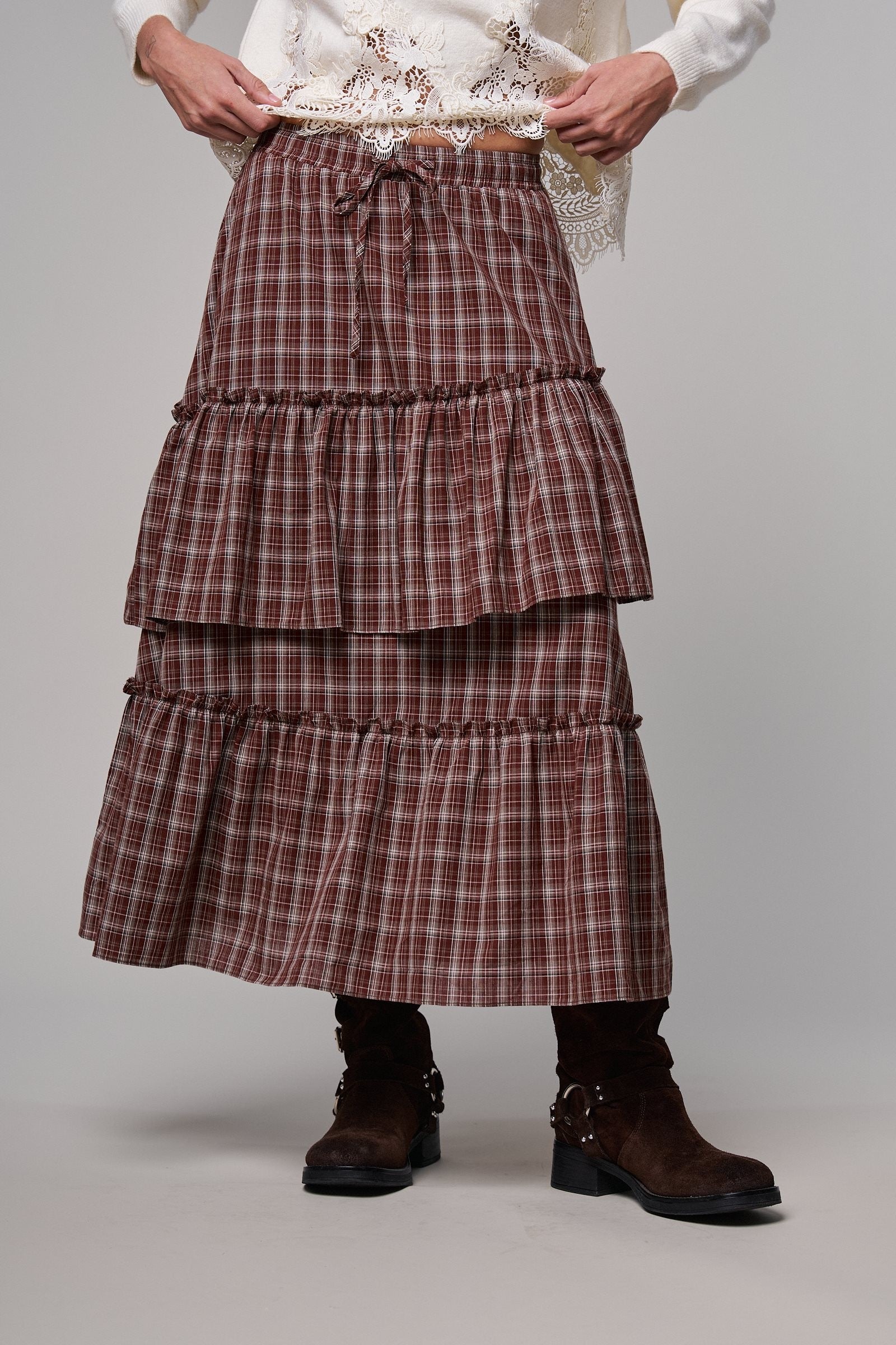 Plaid Tiered Ruffle Maxi Skirt Western Cowgirl Boho Long Ski in BROWN - Women's Midi Skirts | Urban Daizy