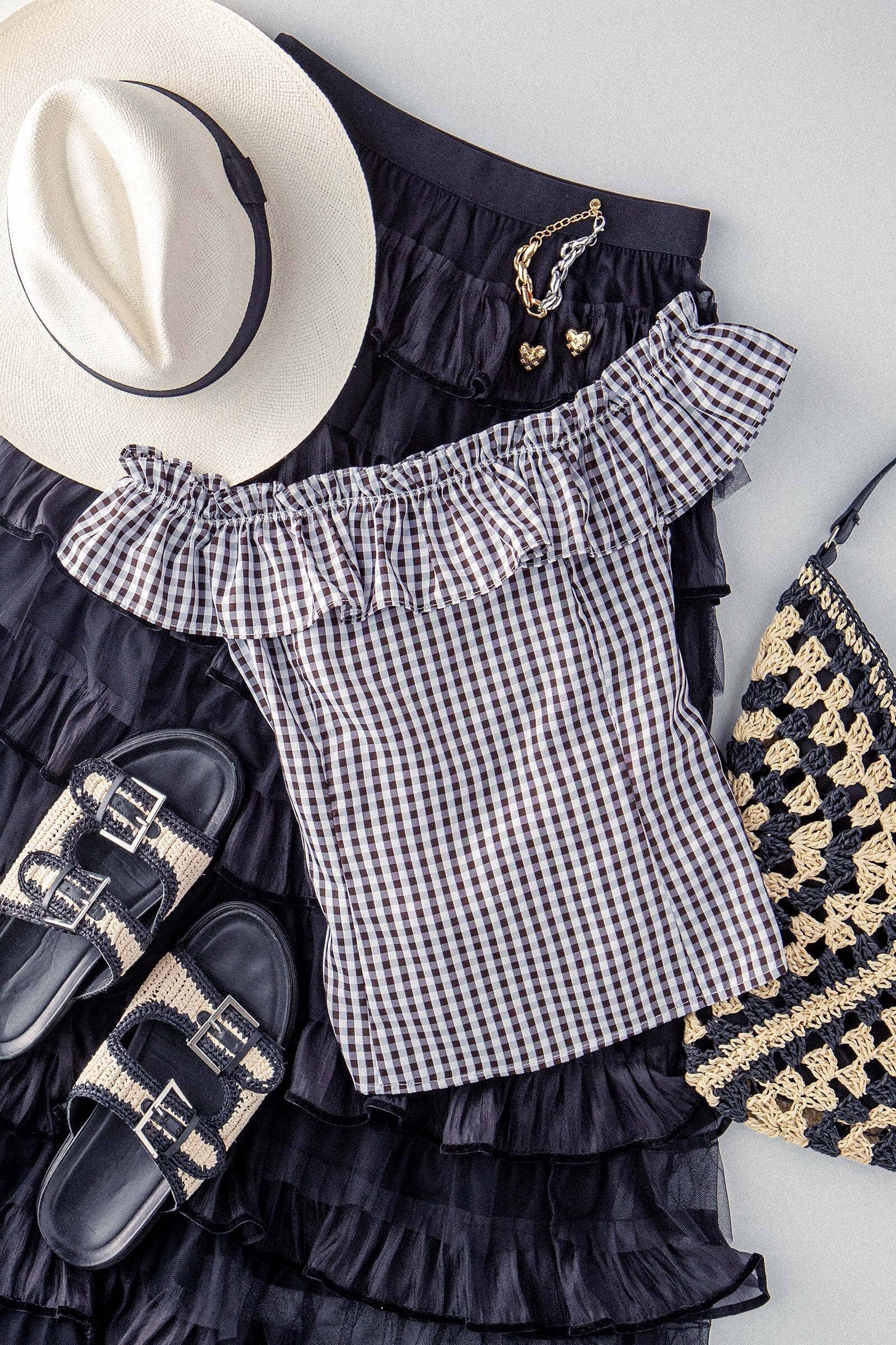 Urban Daizy Gingham Ruffle Off-Shoulder Crop Top Pink Blouse - Women's (UDZ-TP-01034) – alternate view 2