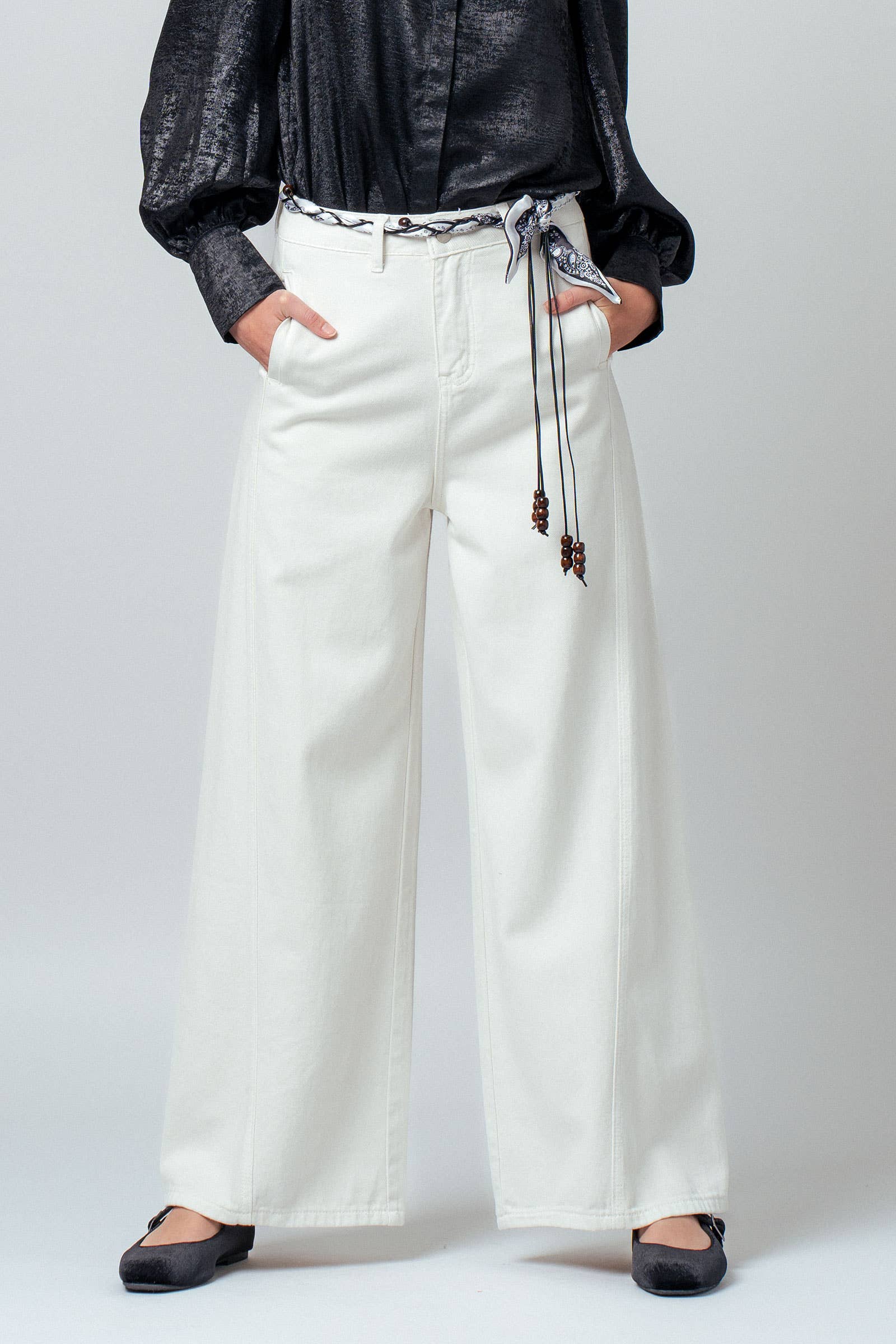 Urban Daizy Wide Leg Jeans with Scarf Belt White Jeans - Women's (UDZ-PT-00438)