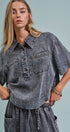 Washed Utility Half-Placket Cropped Shirt in BLACK - Women's Shirts & Blouses | Urban Daizy