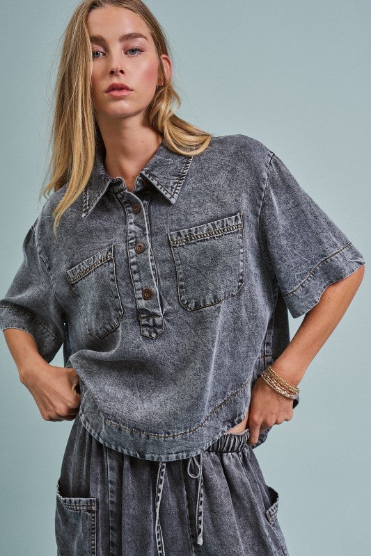 Washed Utility Half-Placket Cropped Shirt in BLACK - Women's Shirts & Blouses | Urban Daizy