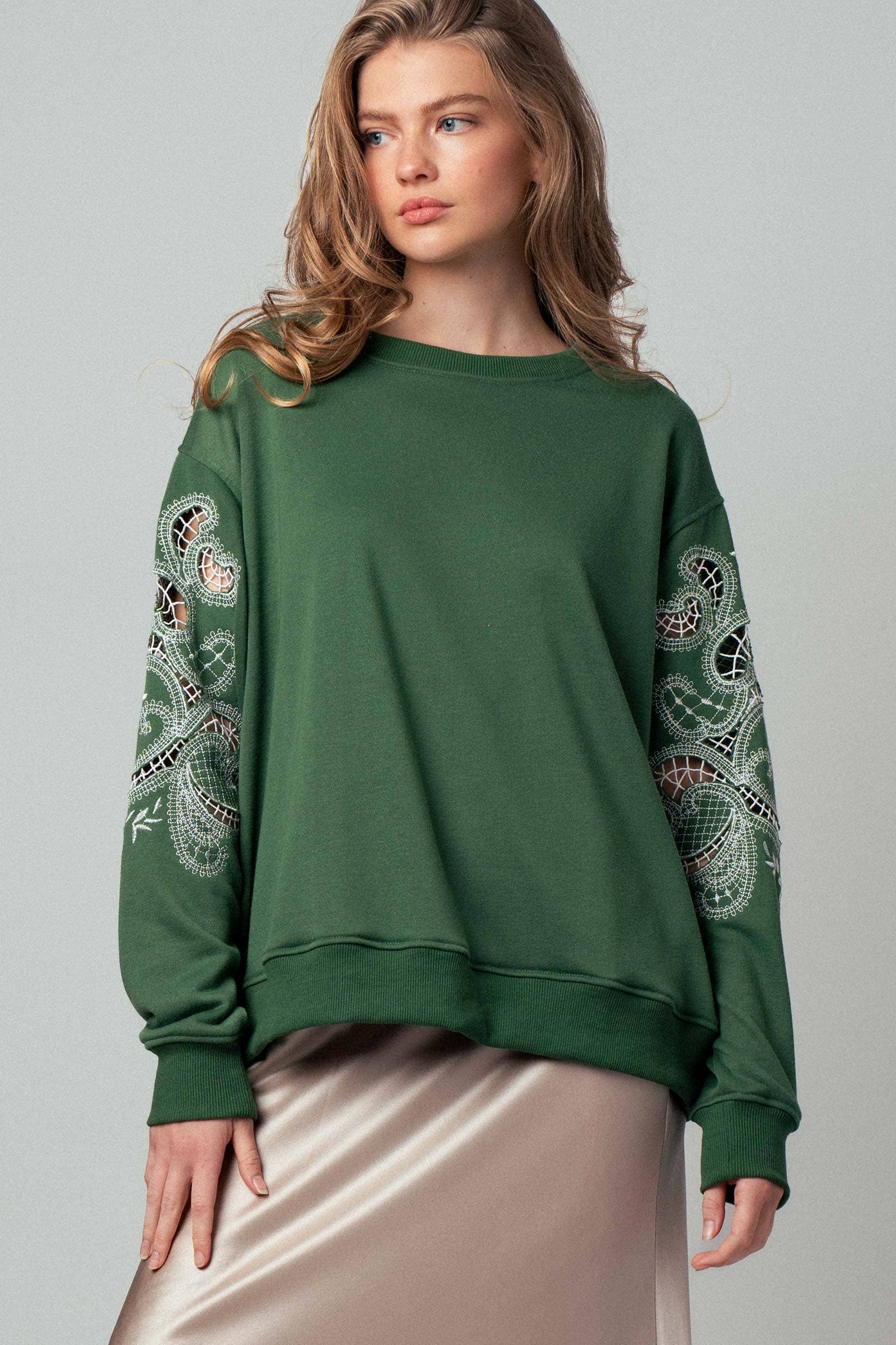 Romantic Lace Embroidered Sleeve Sweatshirt