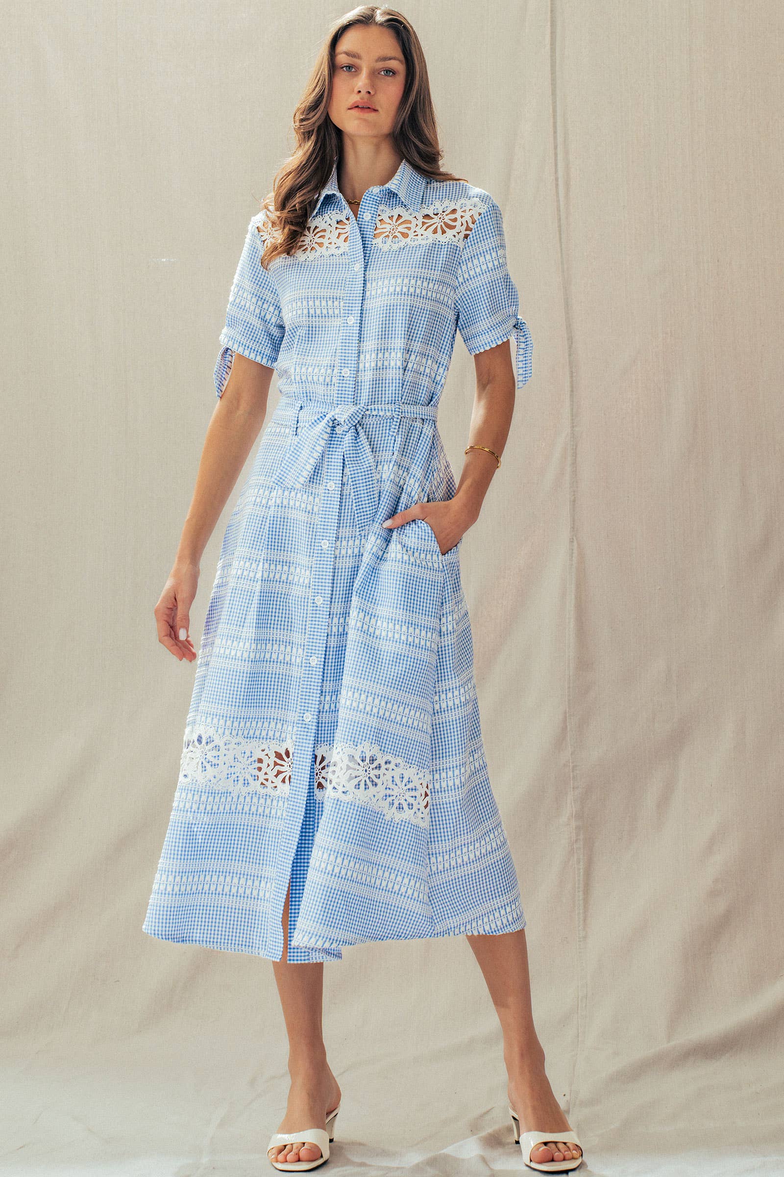 Gingham Cotton Shirt Dress Eyelet Embroidery