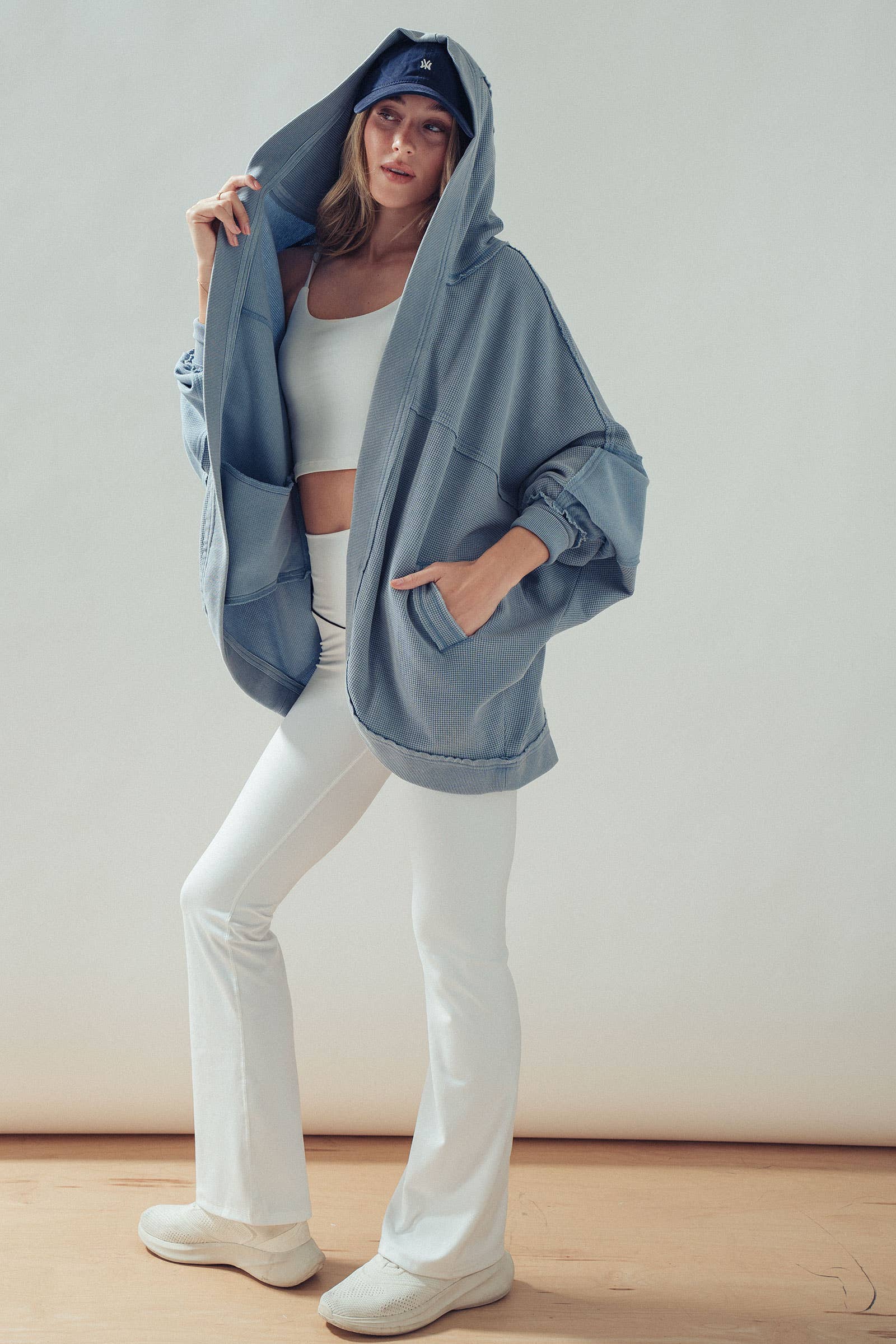 Washed Waffle Knit Hooded Cardigan