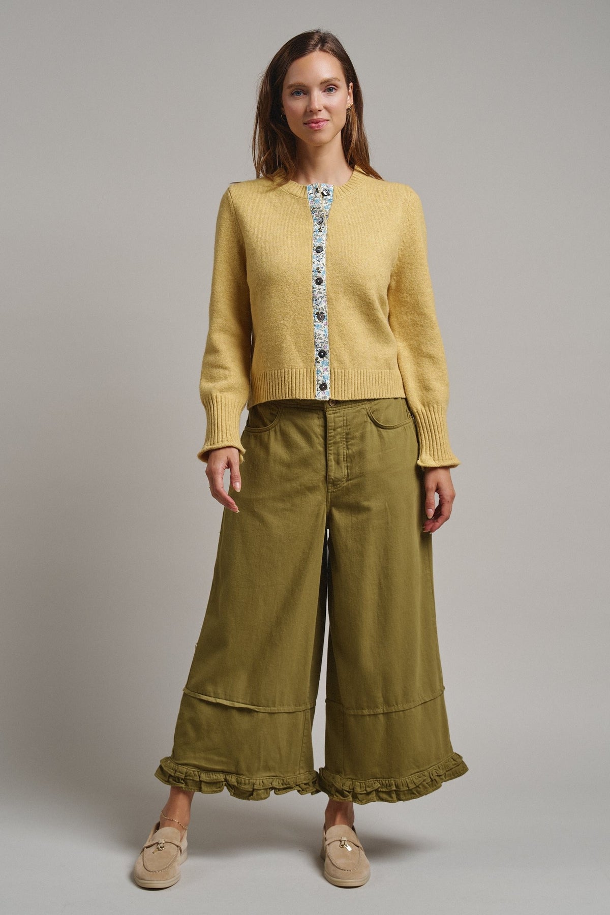 Floral Contrast Wool Blend Crew Neck Cardigan in HONEY GOLD - Women's Cardigans & Shrugs | Urban Daizy