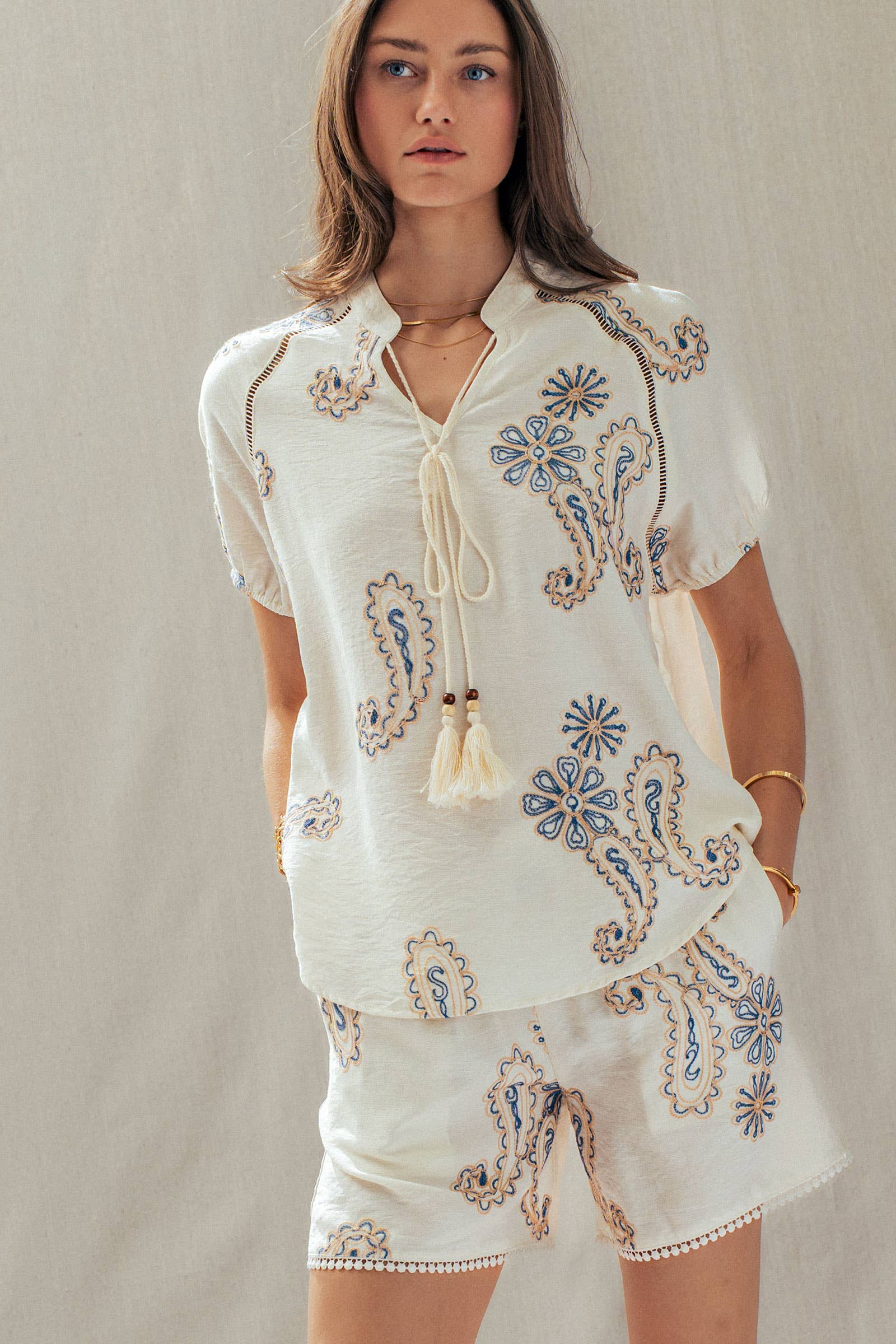 Paisley Embroidered Linen Blend Tassel Top