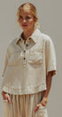 Washed Utility Half-Placket Cropped Shirt in TAUPE	 - Women's Shirts & Blouses | Urban Daizy