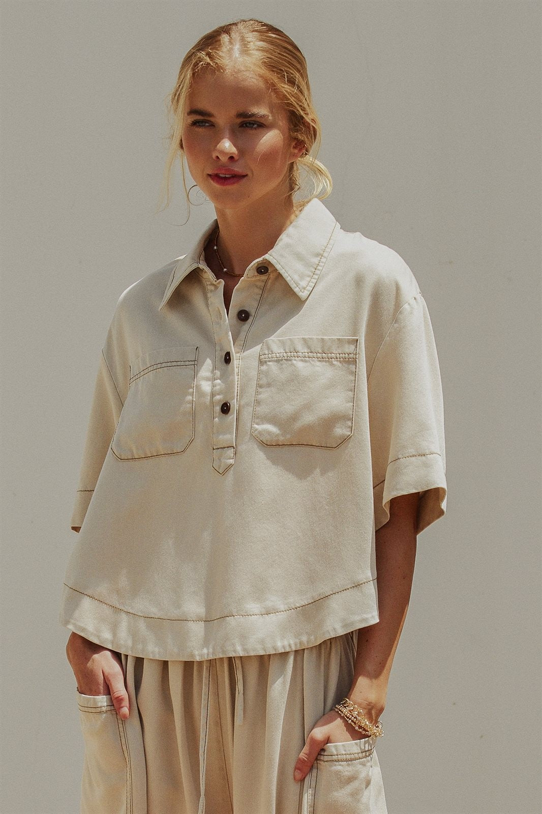Washed Utility Half-Placket Cropped Shirt in TAUPE	 - Women's Shirts & Blouses | Urban Daizy