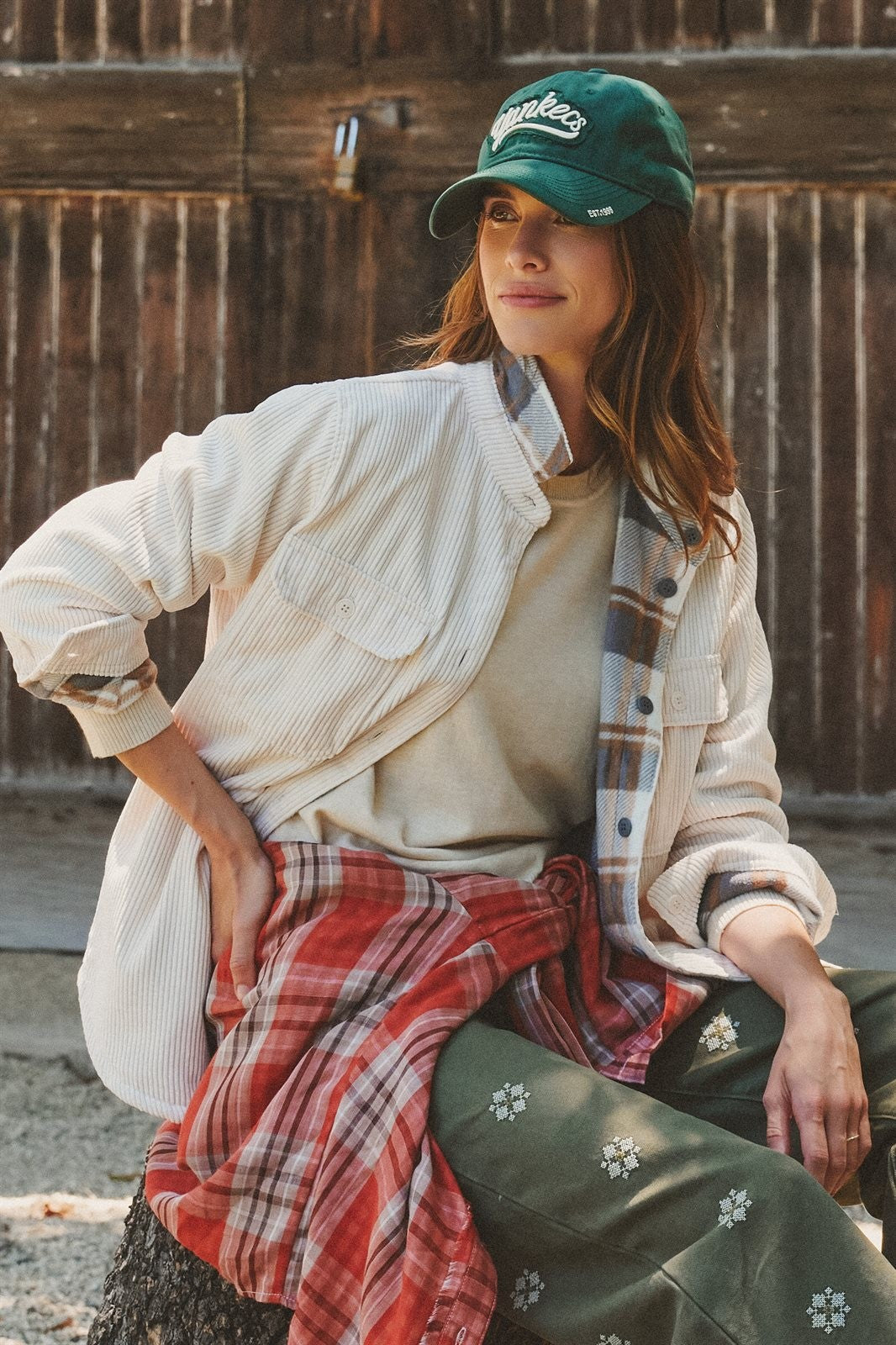 Reversible Corduroy Flannel Plaid Shacket Western for Women in CREAM - Women's Jackets & Blazers | Urban Daizy