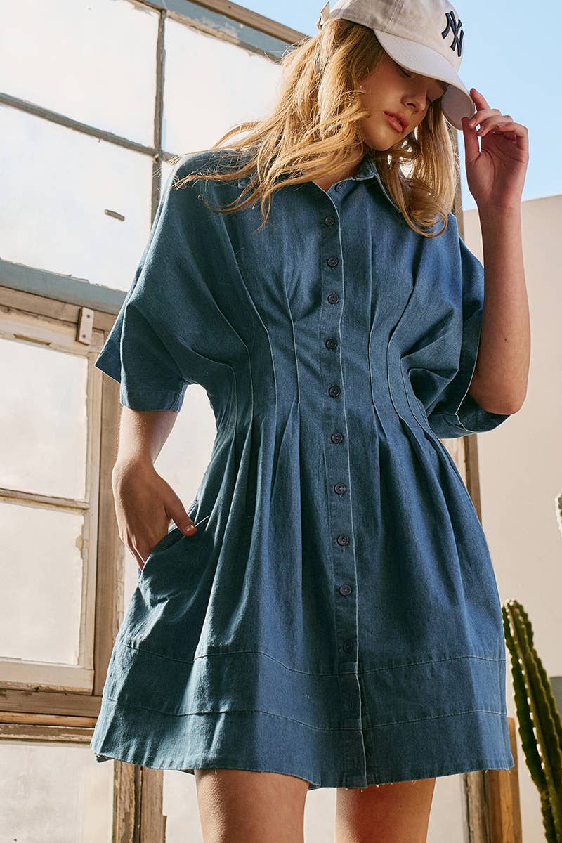 Urban Daizy Tailored Waist Short Sleeve Denim Shirtdress Denim-Blue Dress - Women's (UDZ-DR-00392)