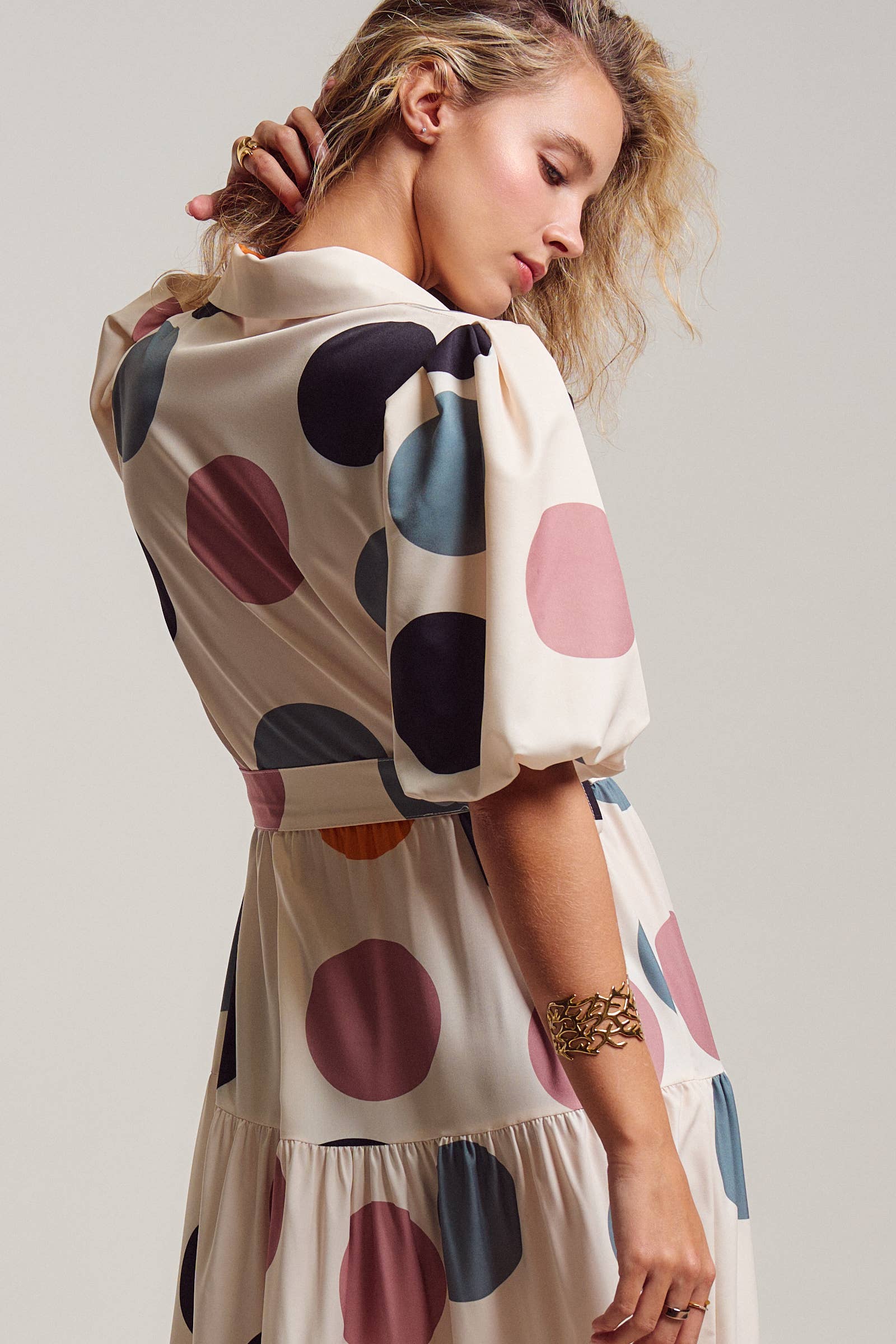 Urban Daizy Retro Polka Dot Puff Sleeve Tiered Maxi Shirt Dress Cream Dress - Women's (TNDR1630-Cream) – alternate view 8