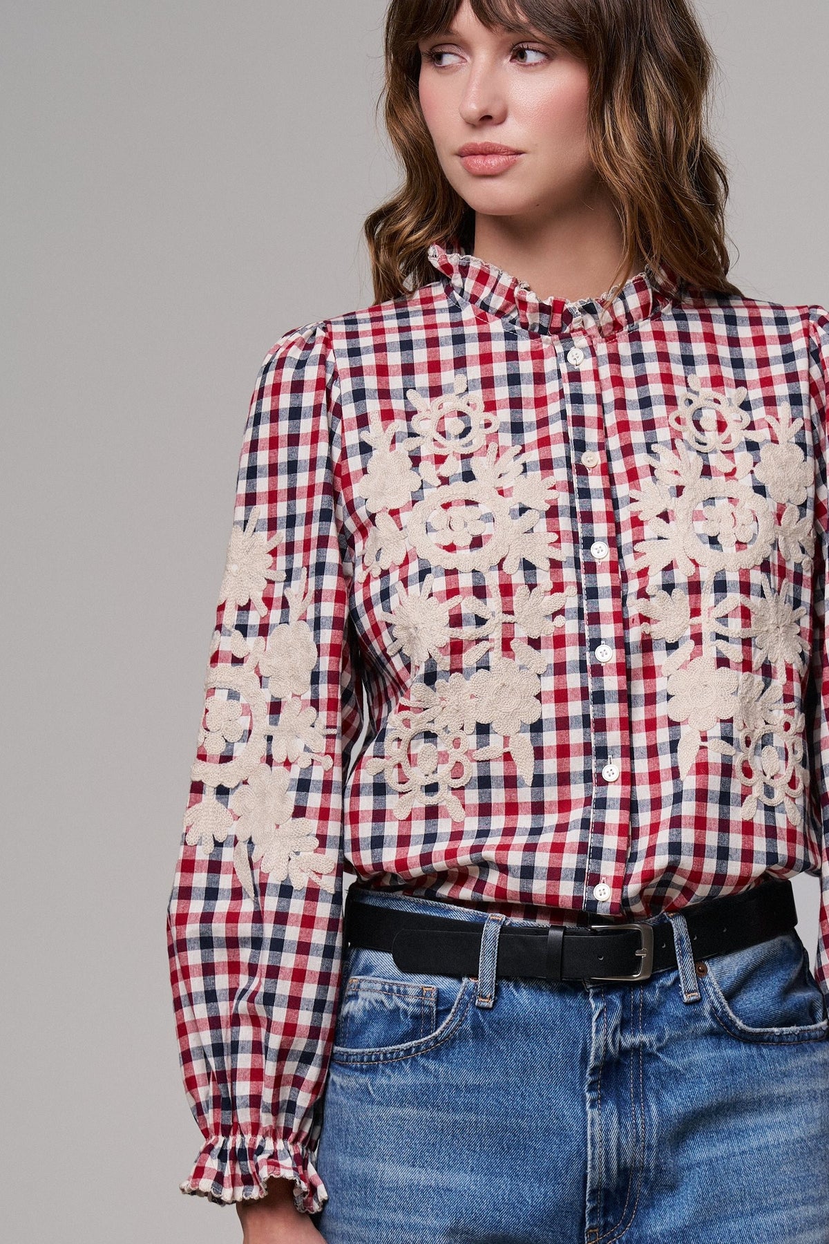 Floral Embroidered Gingham Blouse in Romantic Prairie Style in RED/NAVY - Women's Graphic T-shirts | Urban Daizy