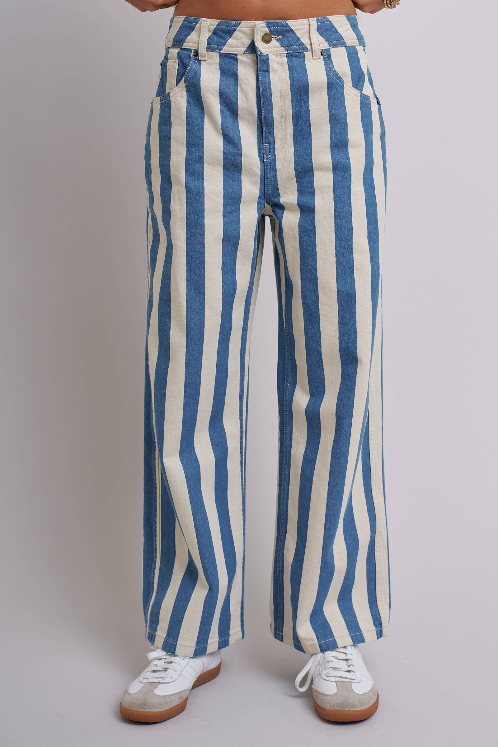 Striped Cropped Wide Leg Denim Pants