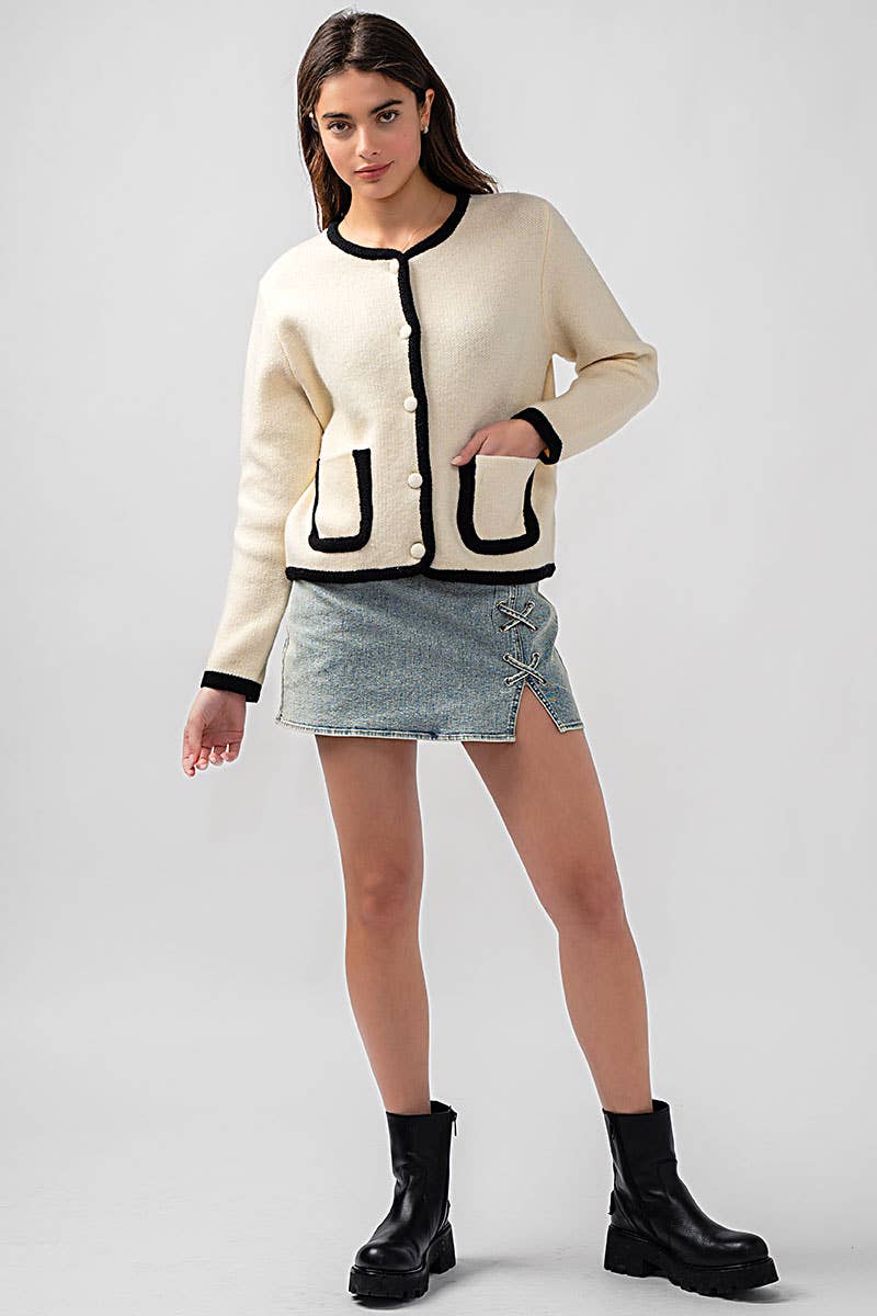 Urban Daizy Classic Contrast Trim Patch Pocket Cardigan Ivory Cardigan - Women's (UDZ-KN-00363) – alternate view 8