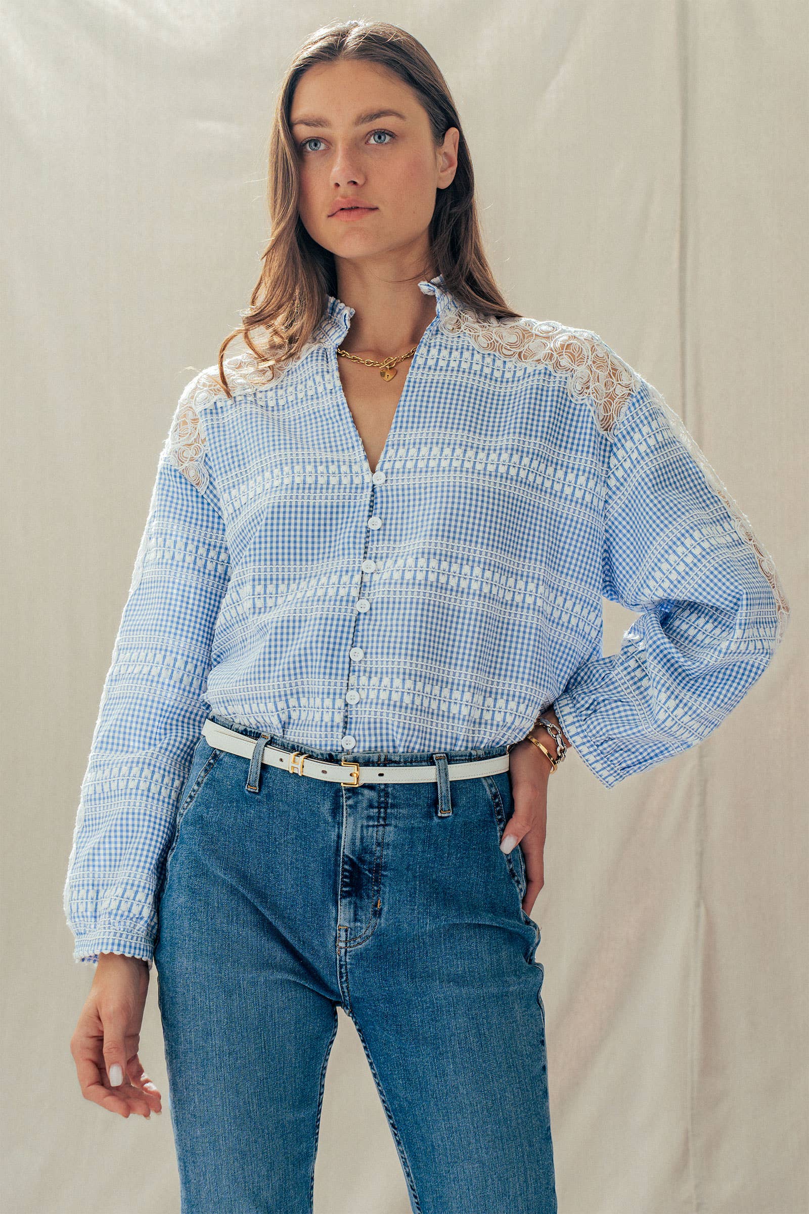 Urban Daizy Gingham Plaid Blouse Lace Insert Long Sleeve Blue Button Down Shirt - Women's (UDZ-TP-01056) – alternate view 3