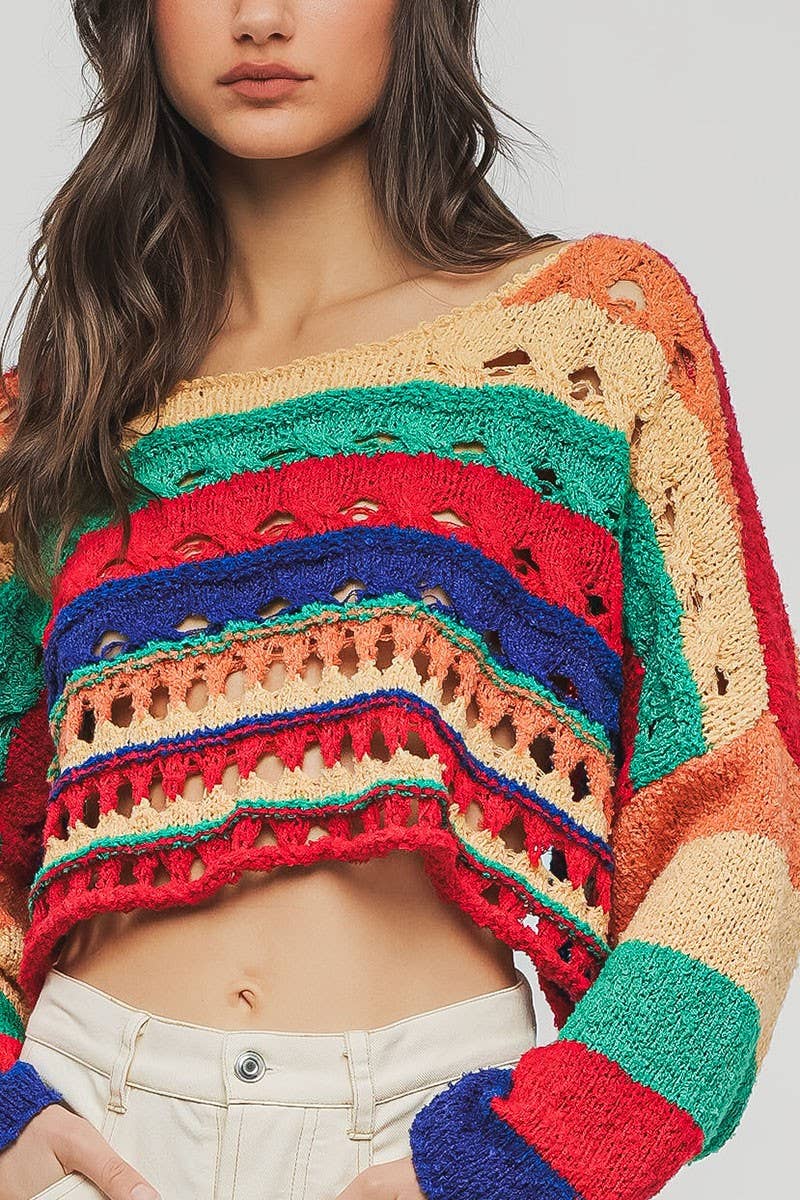 Urban Daizy Colorblock Crochet Knit Cropped Tie Back Sweater Muliti Knit Sweater - Women's (UDZ-KN-00357) – alternate view 8