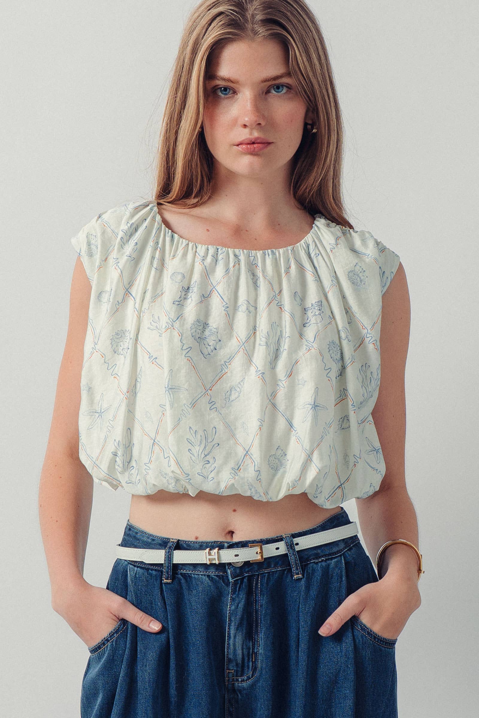 Coastal Print Sleeveless Bubble Hem Top