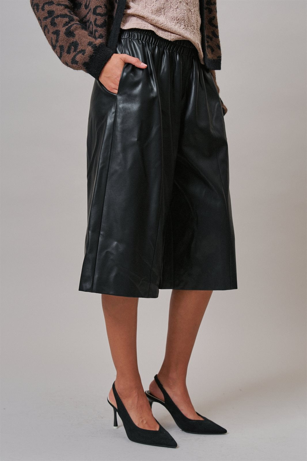 Vegan Leather Culotte Pant in BLACK - Women's Casual Pants | Urban Daizy