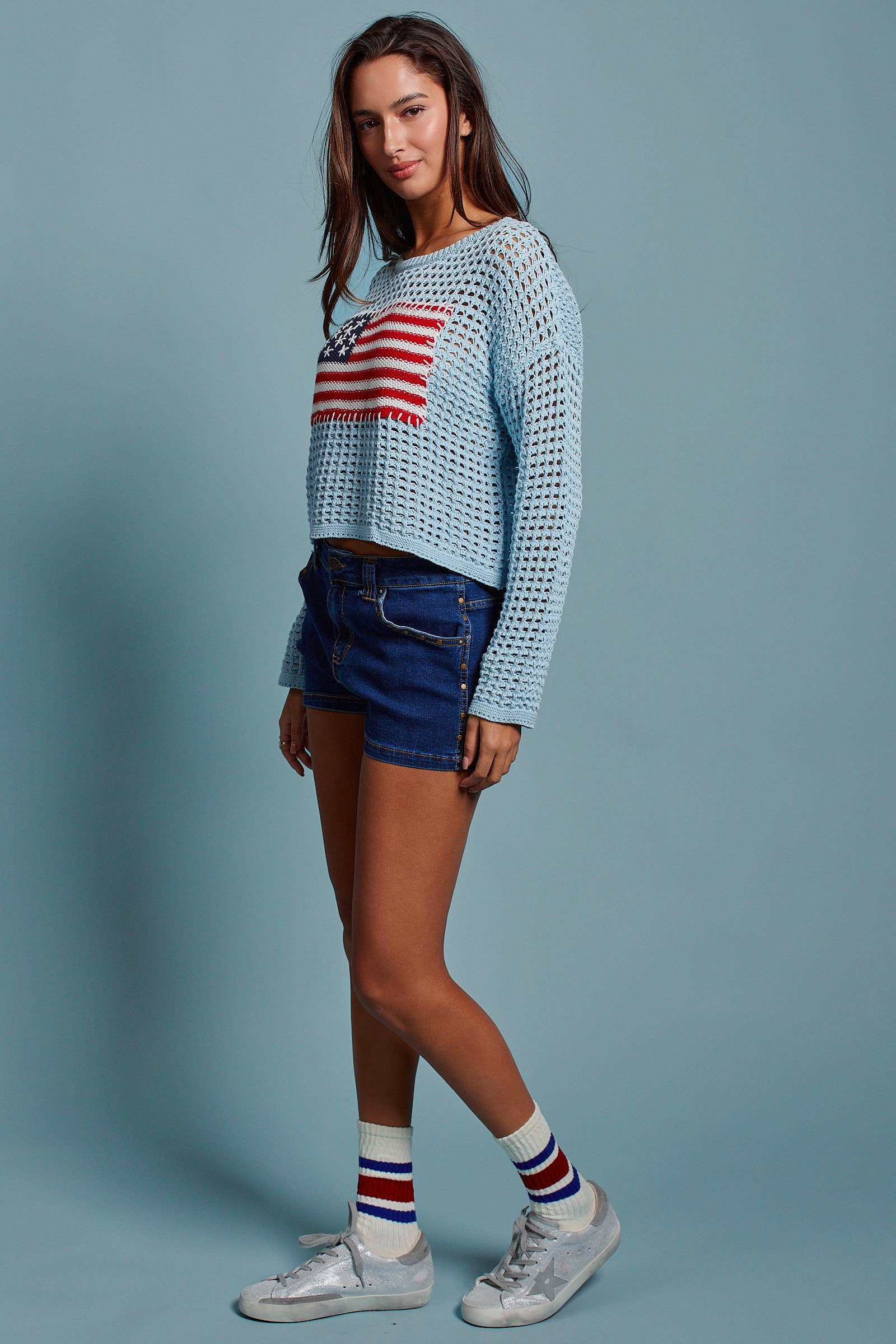 American Flag Patch Open Knit Cotton Sweater