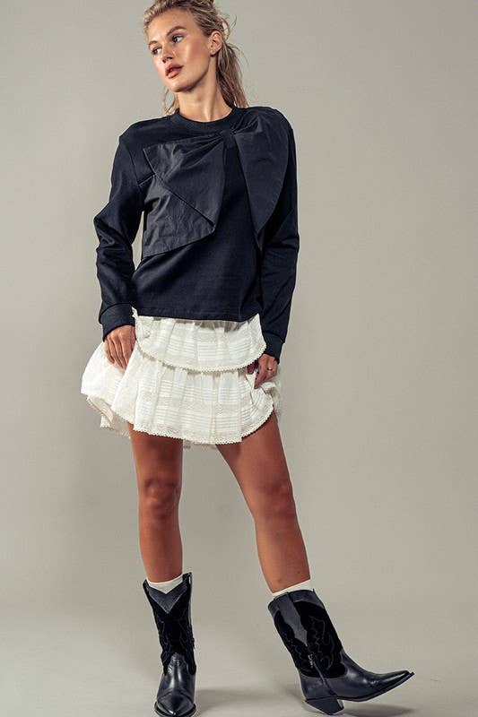 Urban Daizy Coquette Bow Statement Long Sleeve Crew Neck Top Black Blouse - Women's (UDZ-TP-00704) – alternate view 10