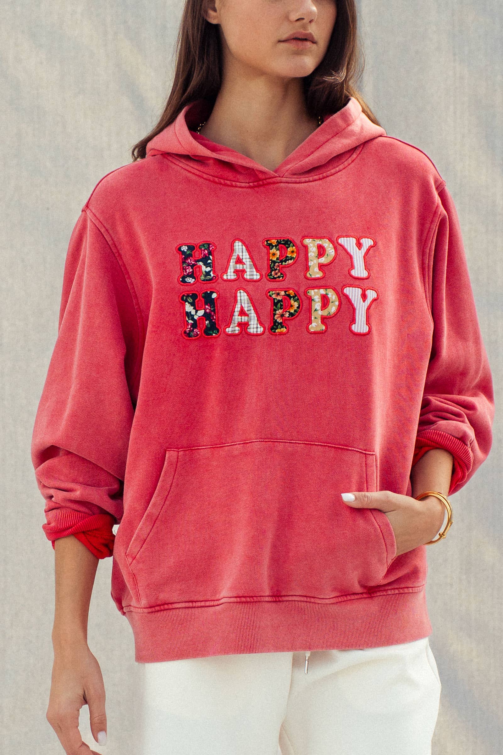 Urban Daizy "HAPPY HAPPY" Vintage Washed Hoodie Red Hoodie - Women's (UDZ-KN-00891) – alternate view 2