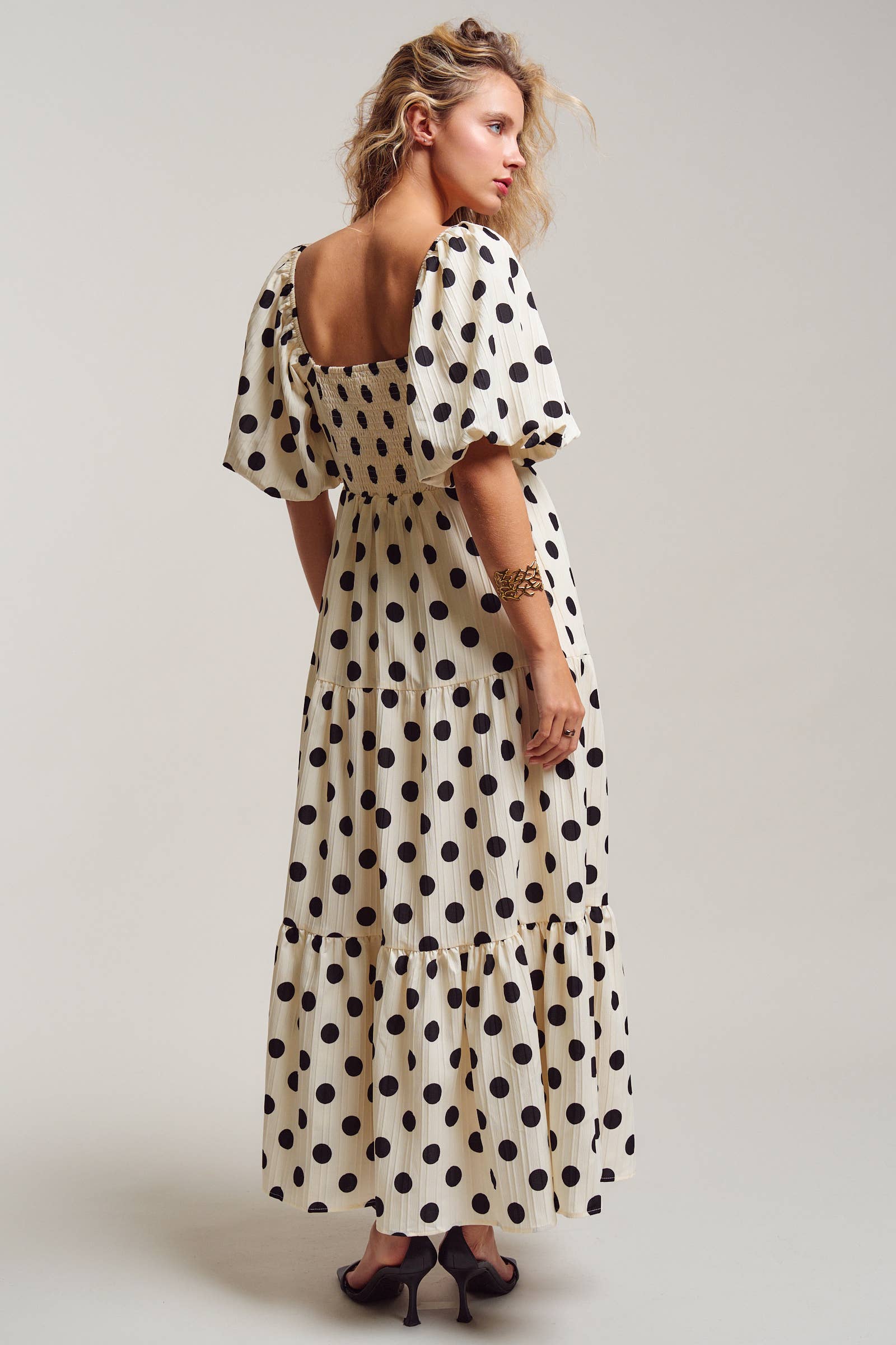 Urban Daizy Textured Polka Dot Tie-Front Puff Sleeve Maxi Dress Ivory Dress - Women's (TNDR1408-Ivory) – alternate view 5