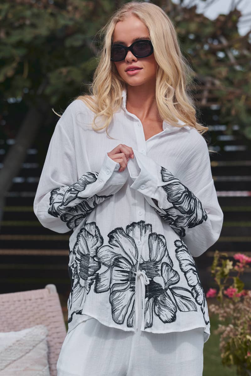 Urban Daizy Floral Embroidered Oversized Button Down Shirt Taupe Button Down Shirt - Women's (UDZ-OT-00168) – alternate view 3