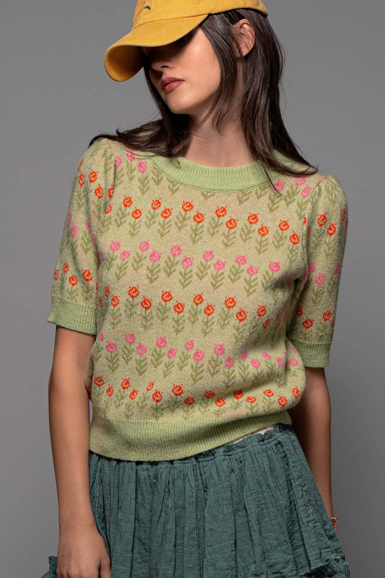 Urban Daizy Floral Print Crew Neck Knit Sweater Green Knit Top - Women's (UDZ-KN-00522) – alternate view 18