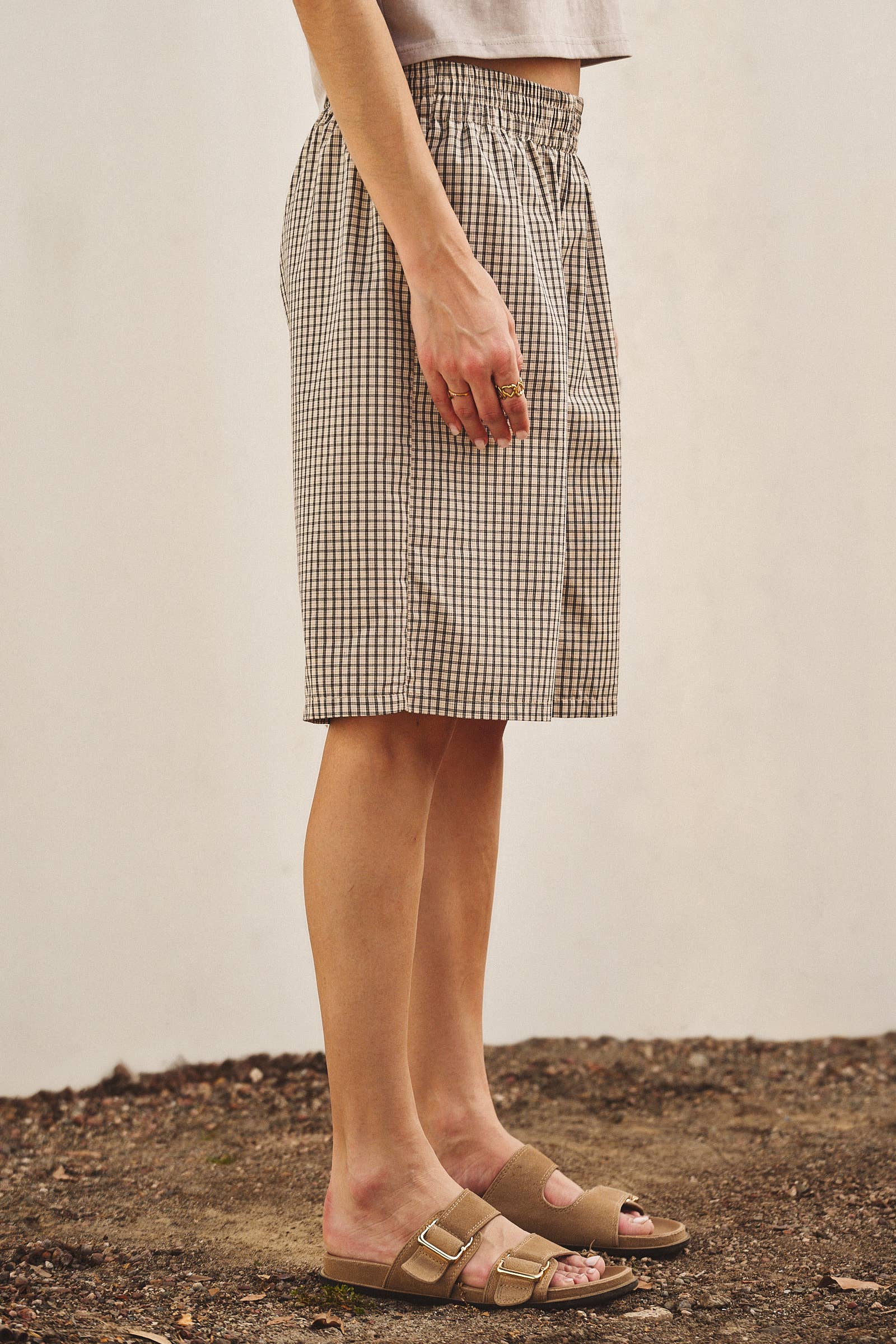 Urban Daizy Classic Check Print Elastic Bermuda Shorts Cream Shorts - Women's (UDPT0174-Cream) – alternate view 3