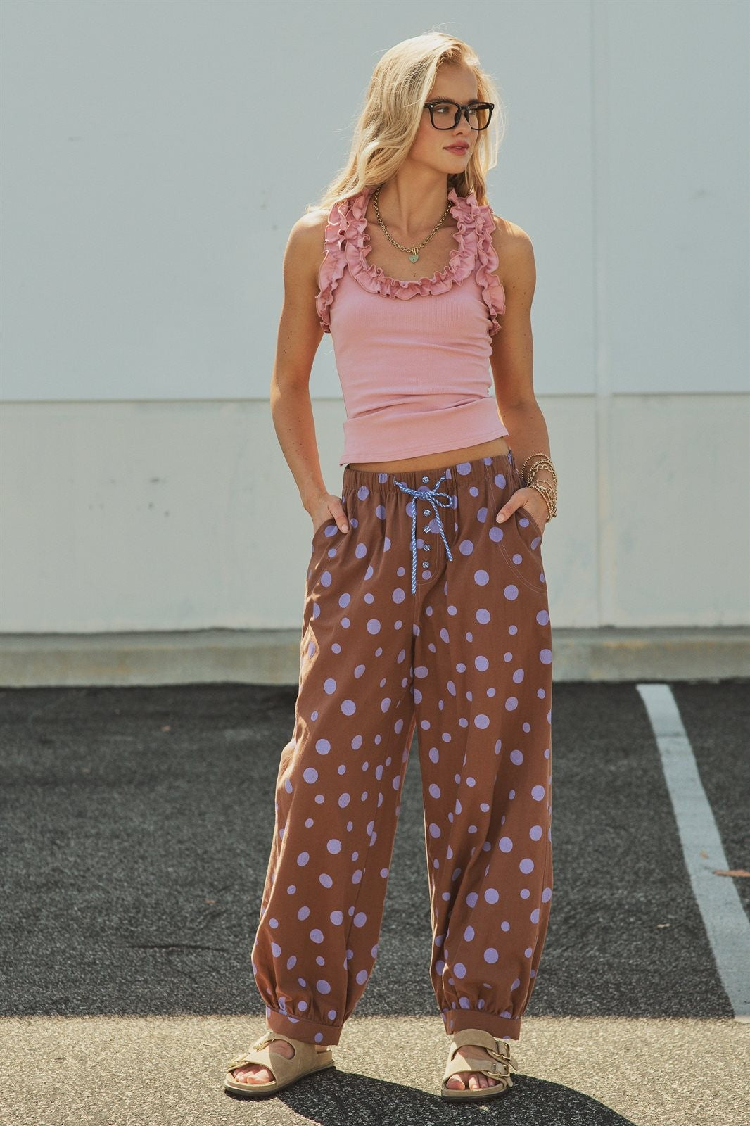 Retro Candy Pop Polka Dot Pants in BROWN BLUE - Women's Pants | Urban Daizy