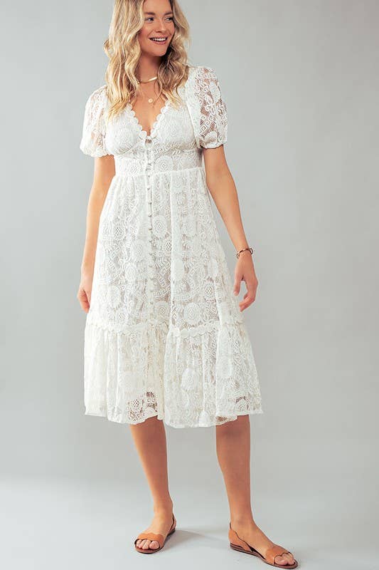 Scalloped Lace Button Front Midi Dress