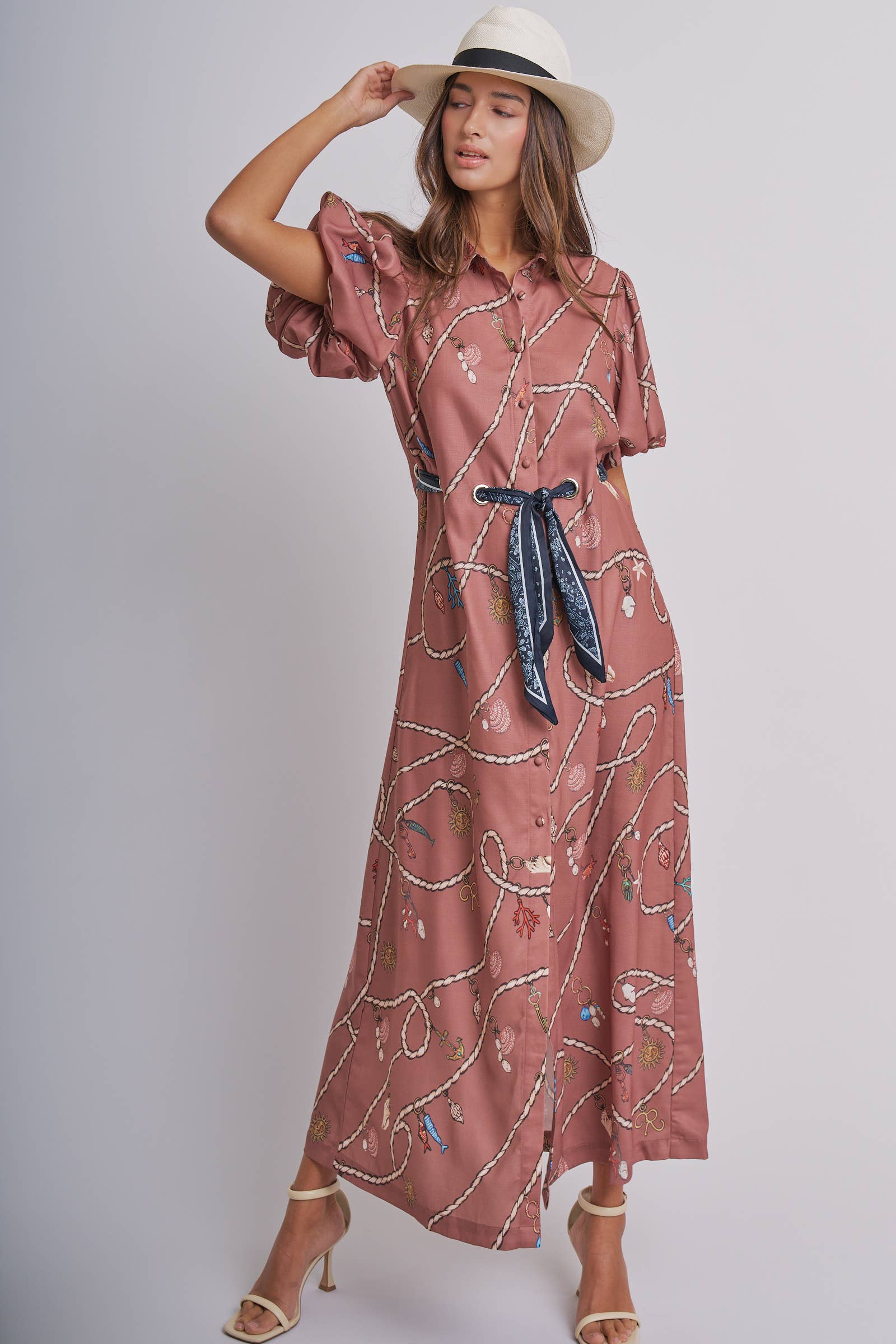 Nautical Motif Puff Sleeve Shirt Dress