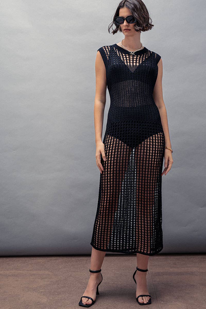 Crochet Knit Hollow Out Cap Sleeve Maxi Dress
