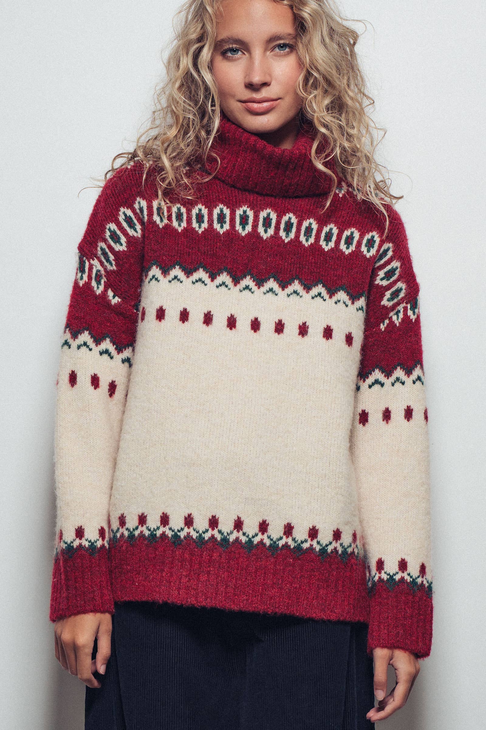 Relaxed Fit Fair Isle Turtleneck Sweater