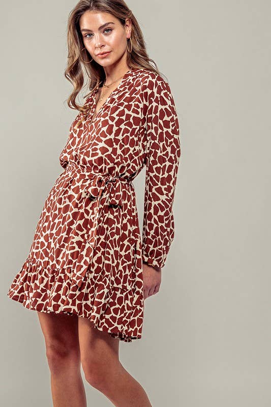 Urban Daizy Giraffe Print Long Sleeve V Neck Belted Mini Western Dress Rust Dress - Women's (UDZ-DR-00066) – alternate view 5
