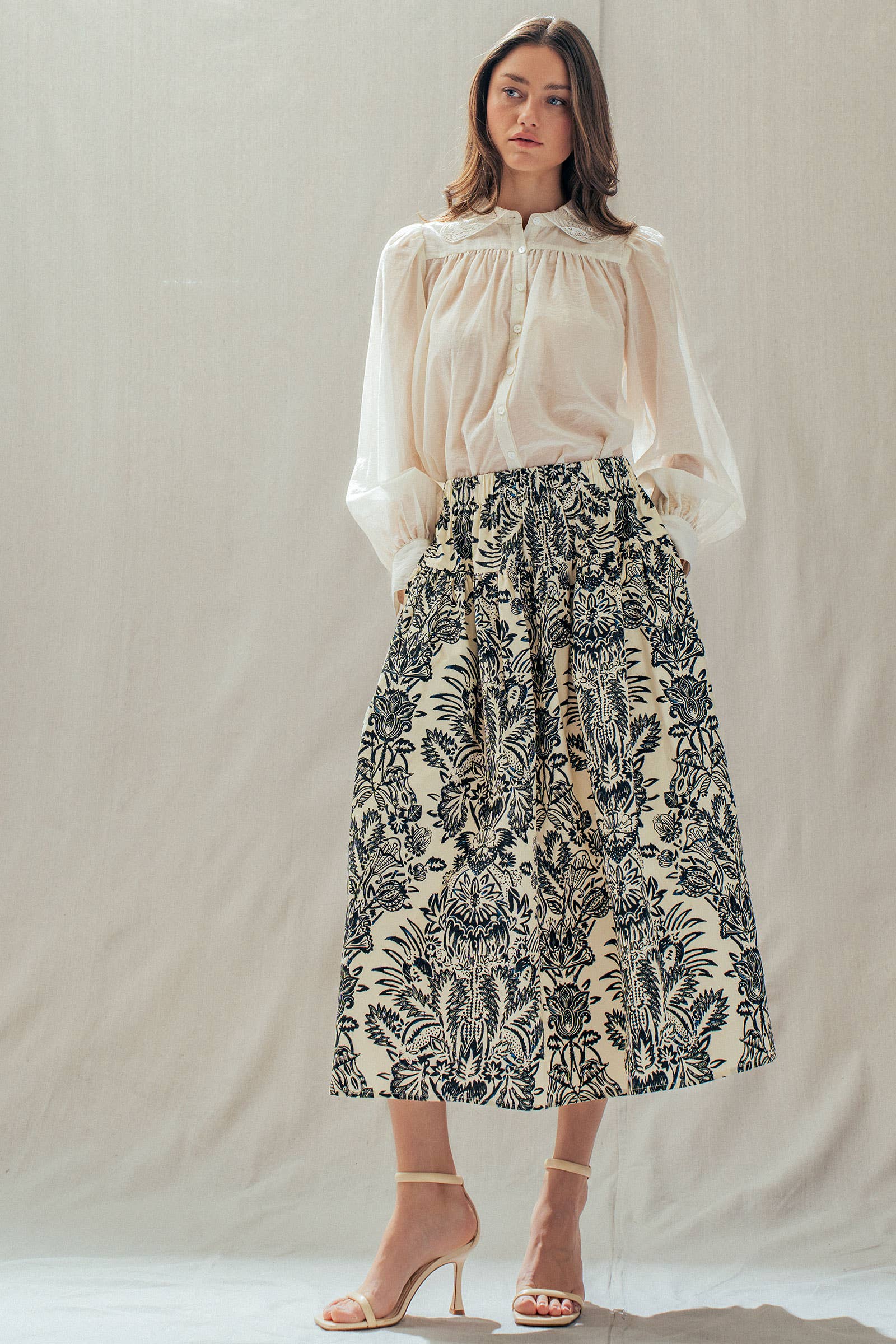 Urban Daizy Botanical Print Cotton Midi Skirt with Pockets Ivory-Black Skirt - Women's (UDSK0102) – alternate view 9