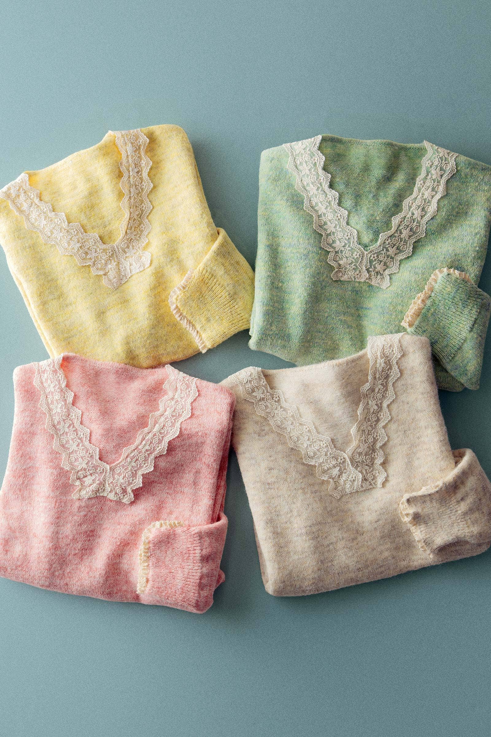 Lace Trim V-Neck Heathered Knit Sweater