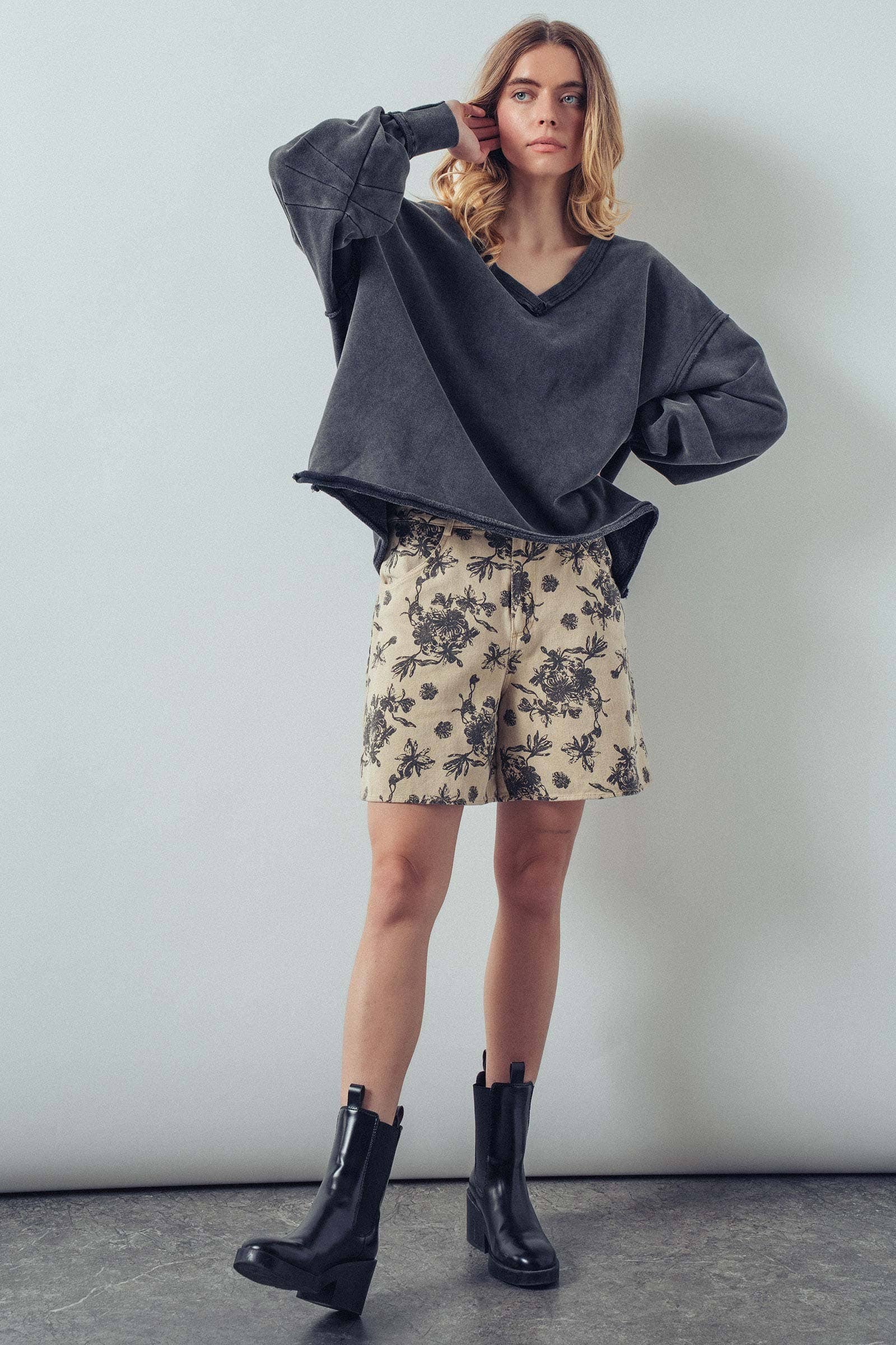 Raw Edge V-Neck Oversized Sweatshirt