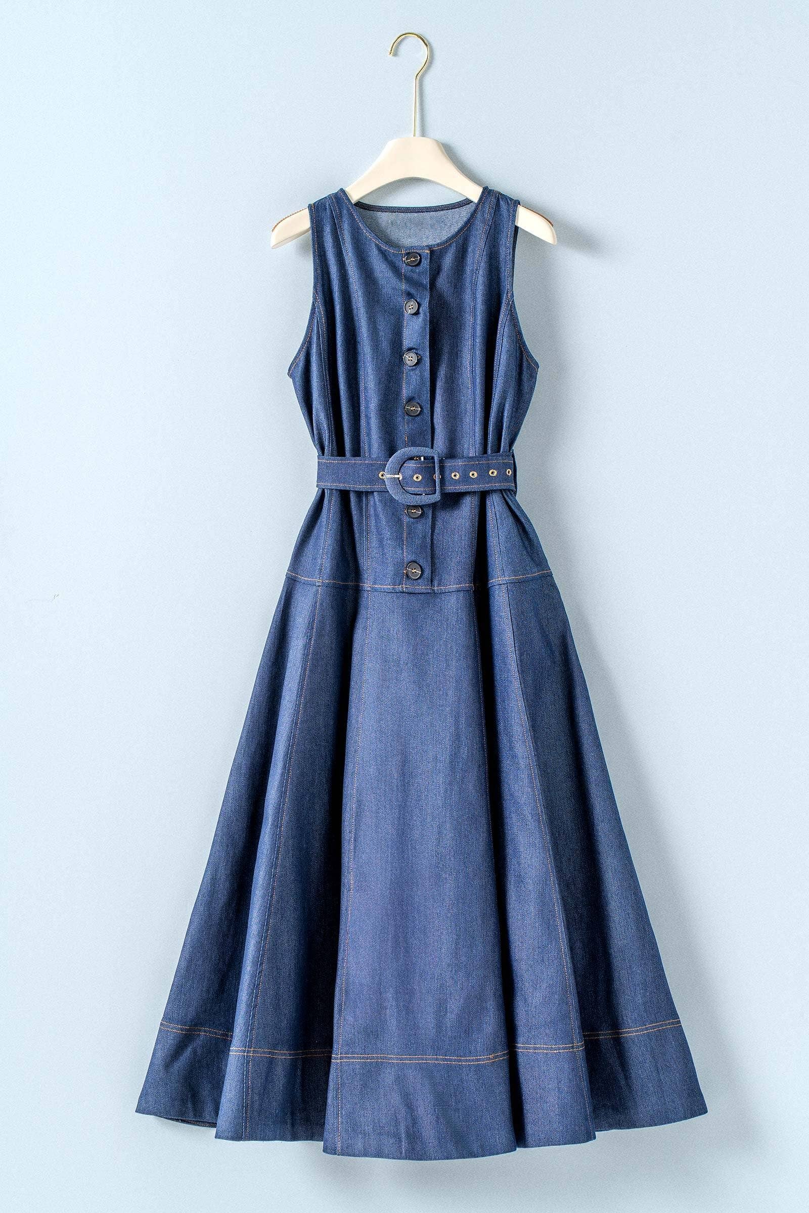 Urban Daizy Belted Denim A-Line Midi Dress Button Front Denim Dress - Women's (UDZ-DR-00529)