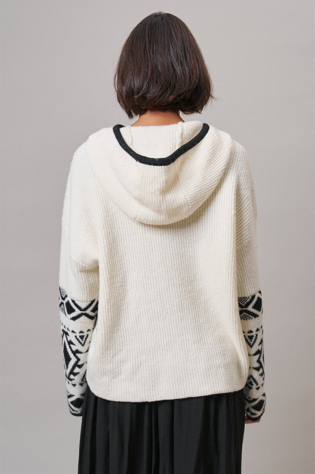 Nordic Fair Isle Hooded Sweater Wool Blend in IVORY BLACK - Women's Sweaters | Urban Daizy