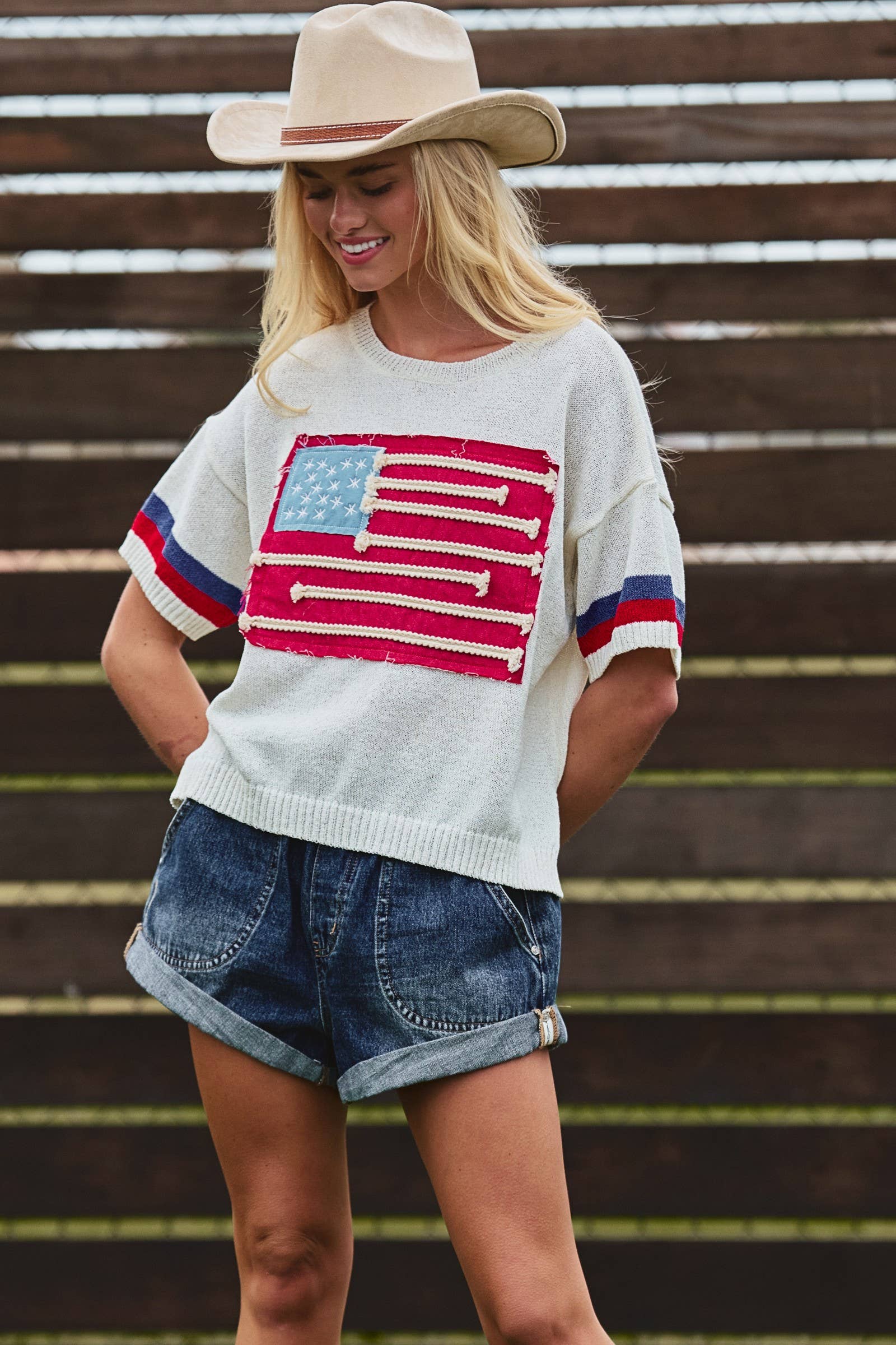 Flag Applique Knit Sweater with Stripe Cuffs