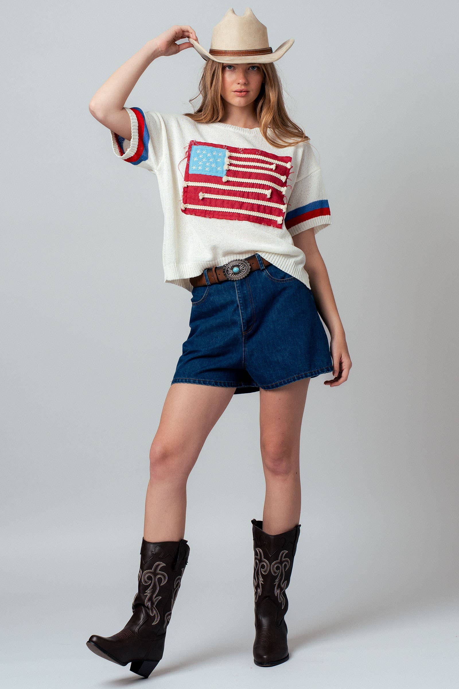 Flag Applique Knit Sweater with Stripe Cuffs