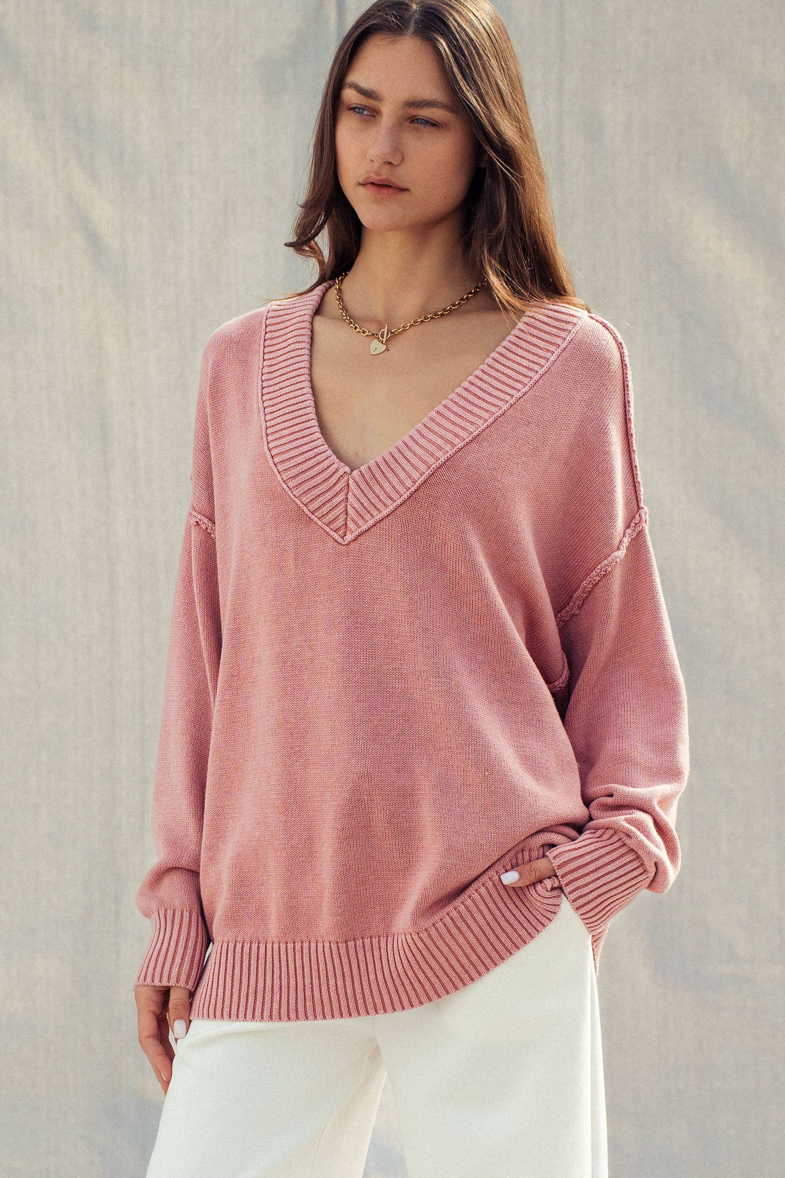 Contrast Trim V-Neck Cotton Sweater