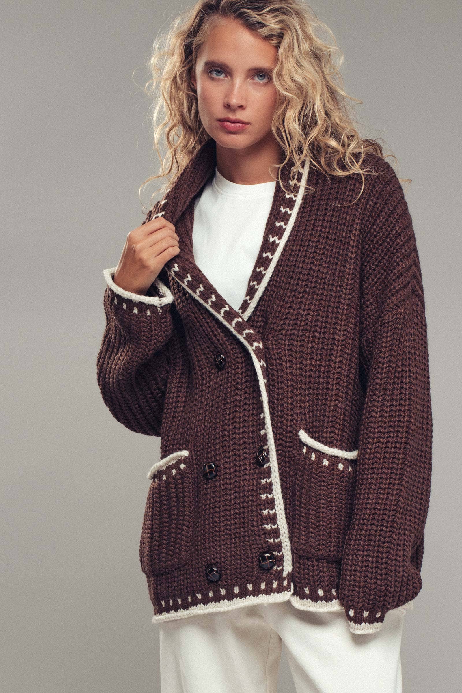 Urban Daizy Chunky Knit Oversized Contrast Cardigan Taupe Cardigan - Women's (UDZ-TP-00814) – alternate view 2