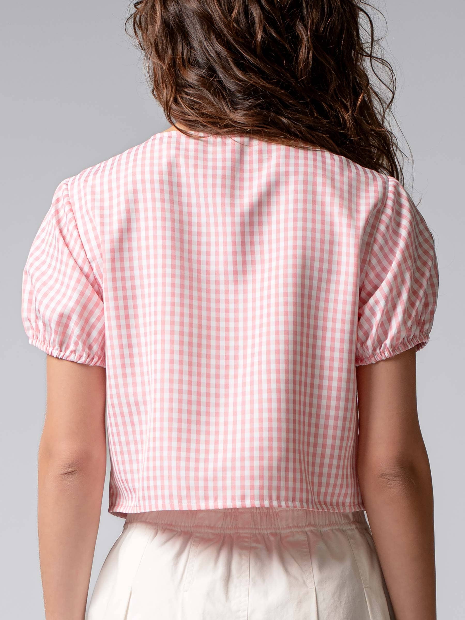 Urban Daizy Gingham Triple Bow Puff Sleeve Crop Top Pink Blouse - Women's (UDZ-TP-01033) – alternate view 4